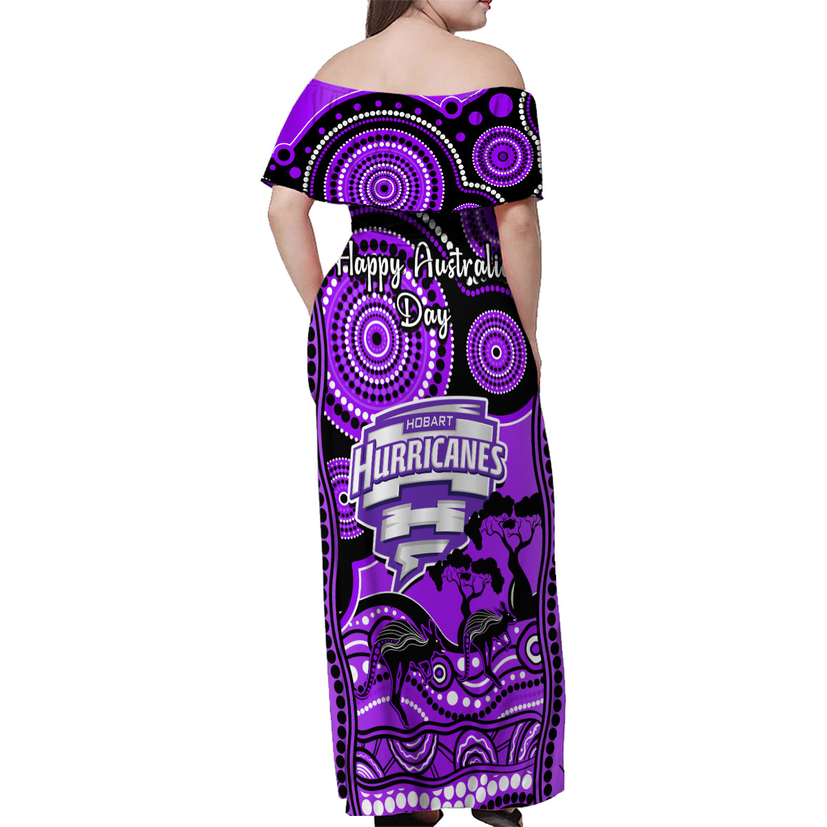 hobart-hurricanes-cricket-family-matching-off-shoulder-maxi-dress-and-hawaiian-shirt-happy-australia-day-aboriginal-art