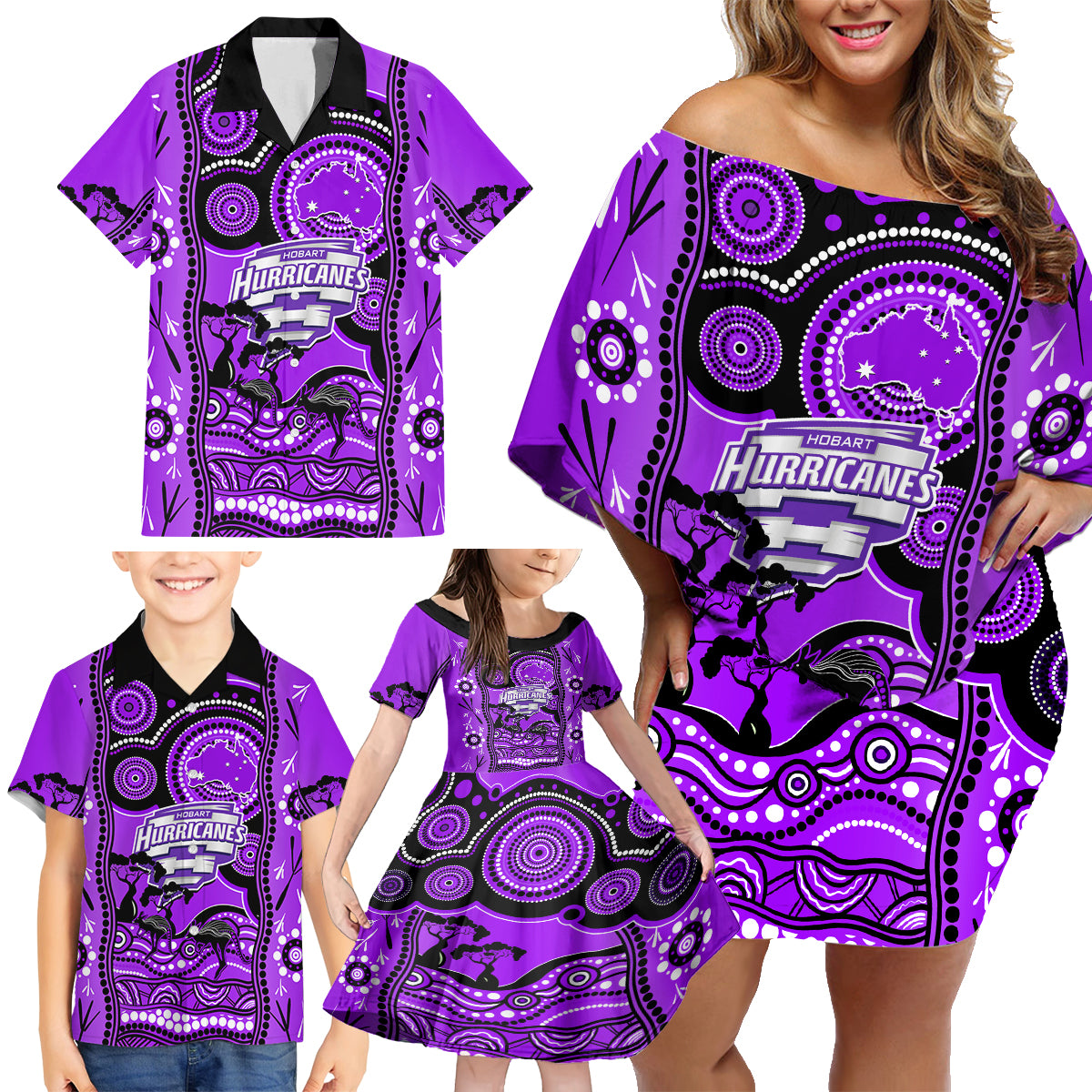 hobart-hurricanes-cricket-family-matching-off-shoulder-short-dress-and-hawaiian-shirt-happy-australia-day-aboriginal-art