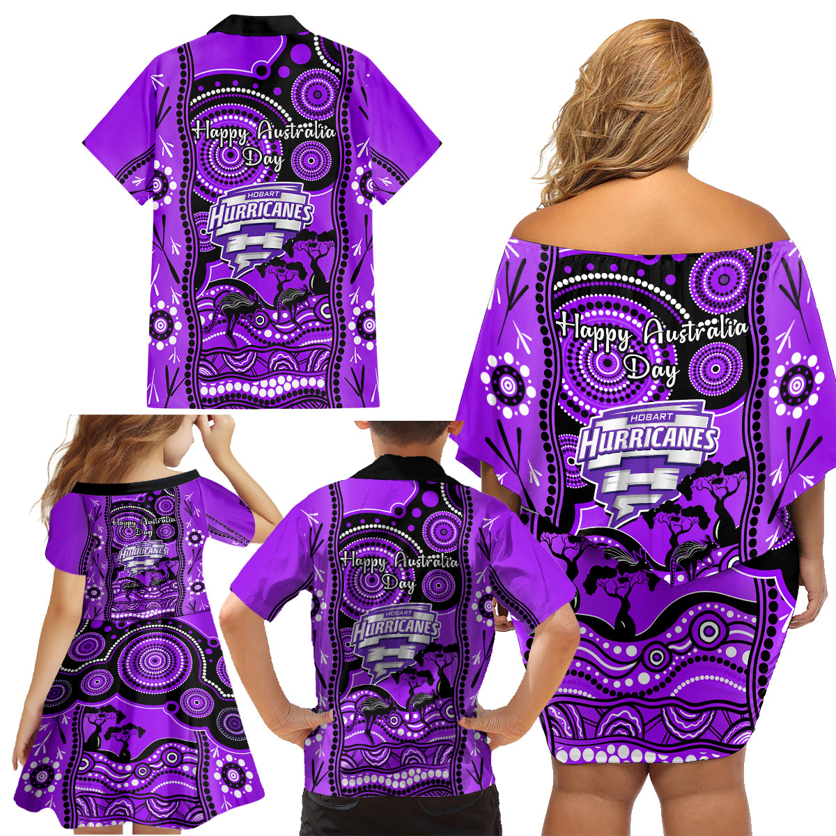 hobart-hurricanes-cricket-family-matching-off-shoulder-short-dress-and-hawaiian-shirt-happy-australia-day-aboriginal-art