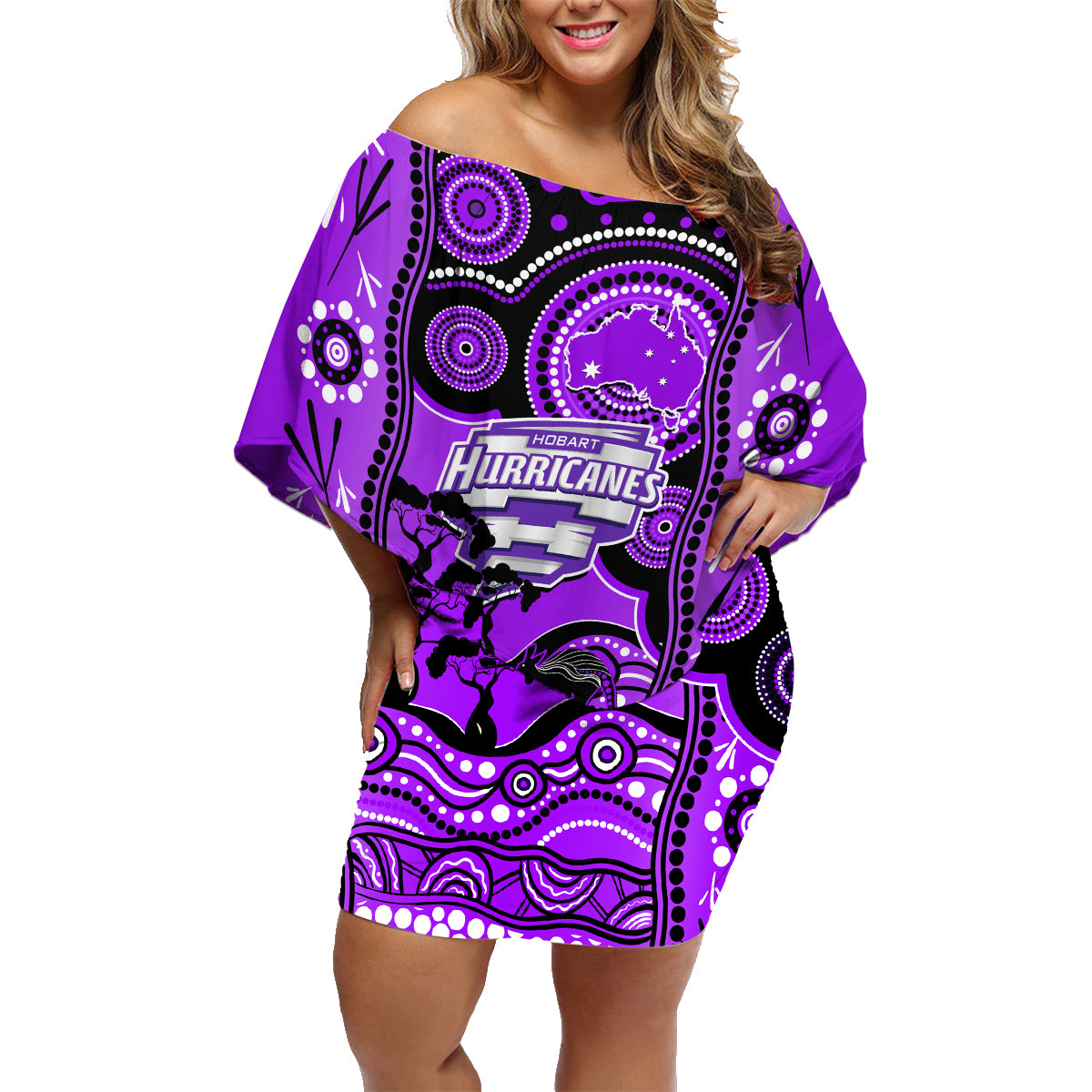 hobart-hurricanes-cricket-family-matching-off-shoulder-short-dress-and-hawaiian-shirt-happy-australia-day-aboriginal-art