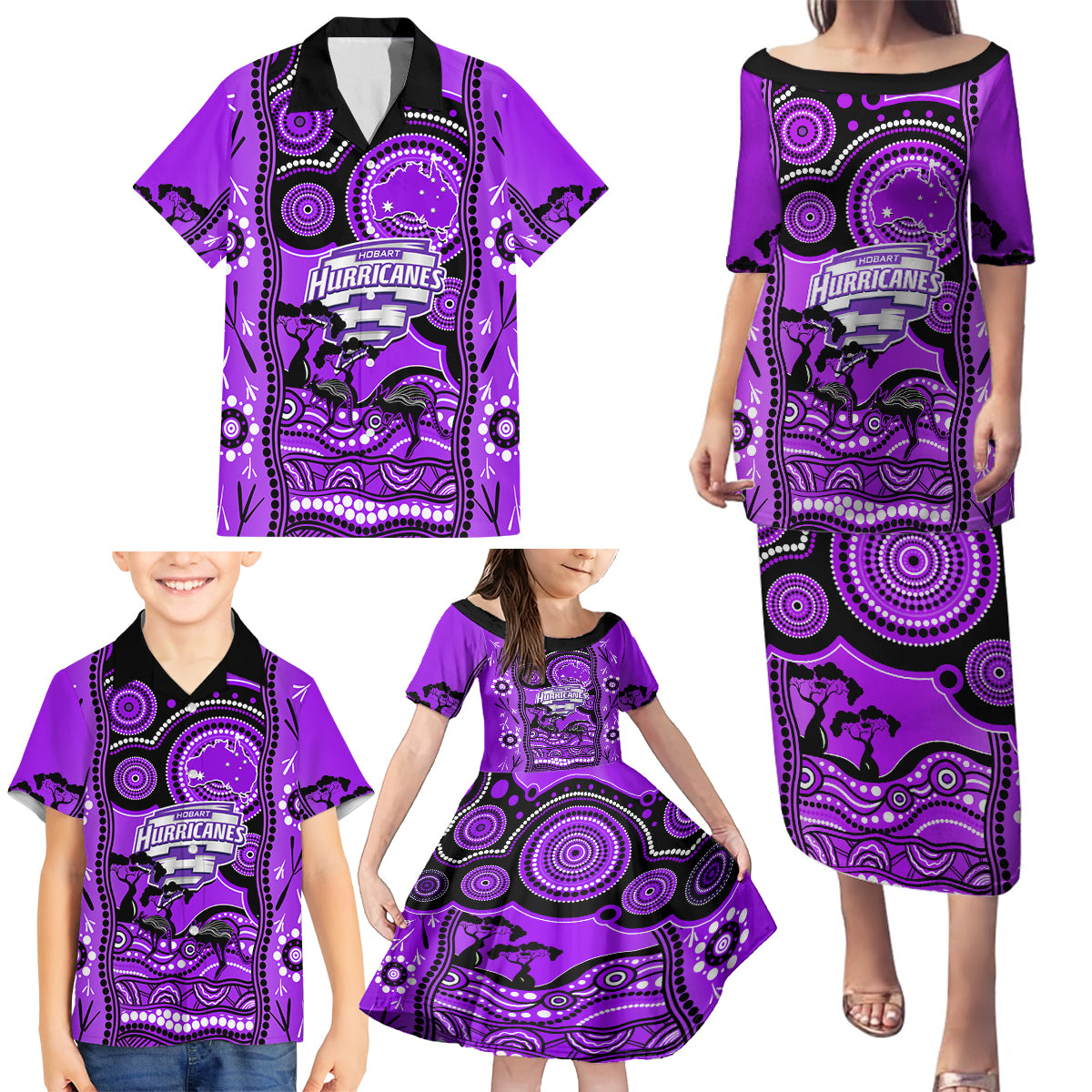 hobart-hurricanes-cricket-family-matching-puletasi-dress-and-hawaiian-shirt-happy-australia-day-aboriginal-art