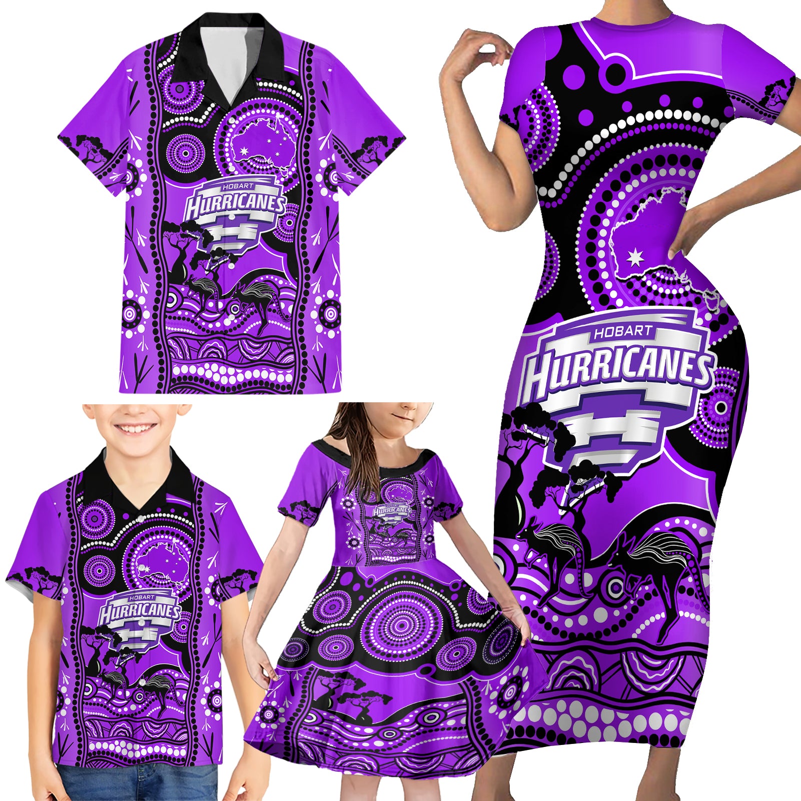 hobart-hurricanes-cricket-family-matching-short-sleeve-bodycon-dress-and-hawaiian-shirt-happy-australia-day-aboriginal-art