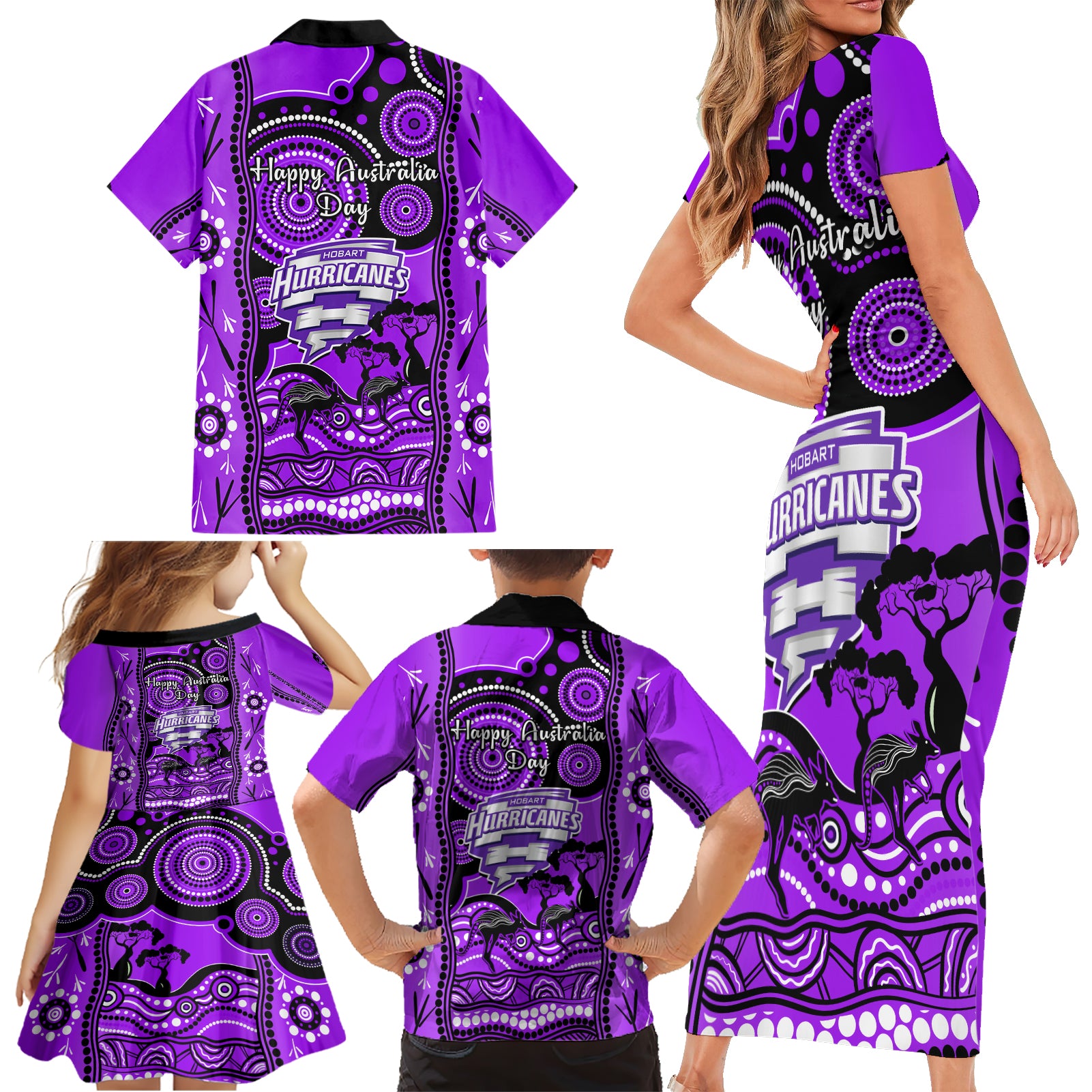 hobart-hurricanes-cricket-family-matching-short-sleeve-bodycon-dress-and-hawaiian-shirt-happy-australia-day-aboriginal-art