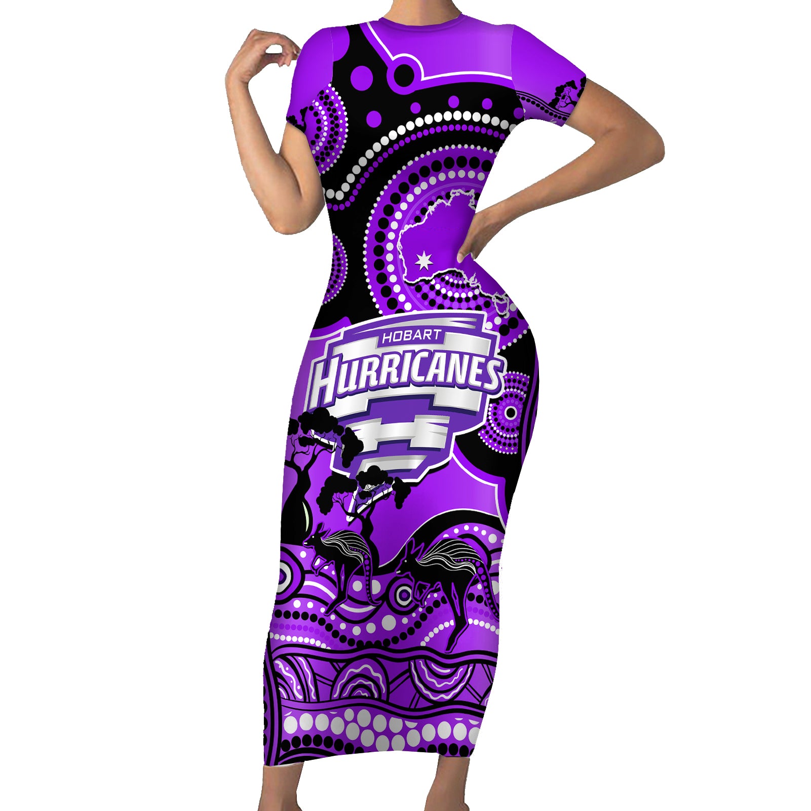 hobart-hurricanes-cricket-family-matching-short-sleeve-bodycon-dress-and-hawaiian-shirt-happy-australia-day-aboriginal-art