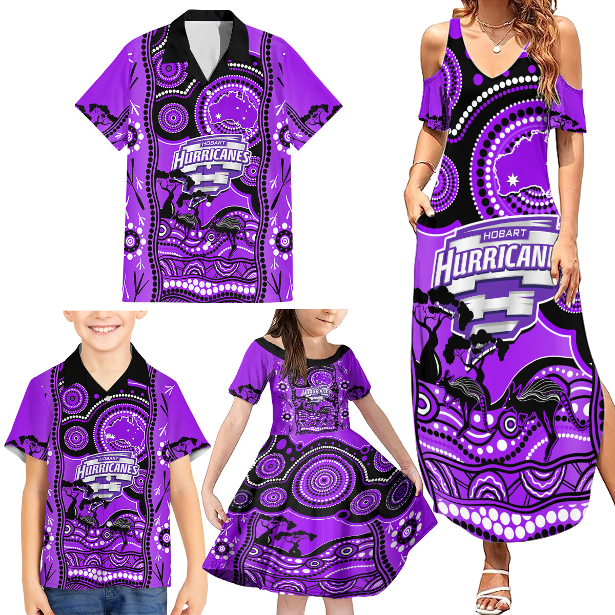 hobart-hurricanes-cricket-family-matching-summer-maxi-dress-and-hawaiian-shirt-happy-australia-day-aboriginal-art