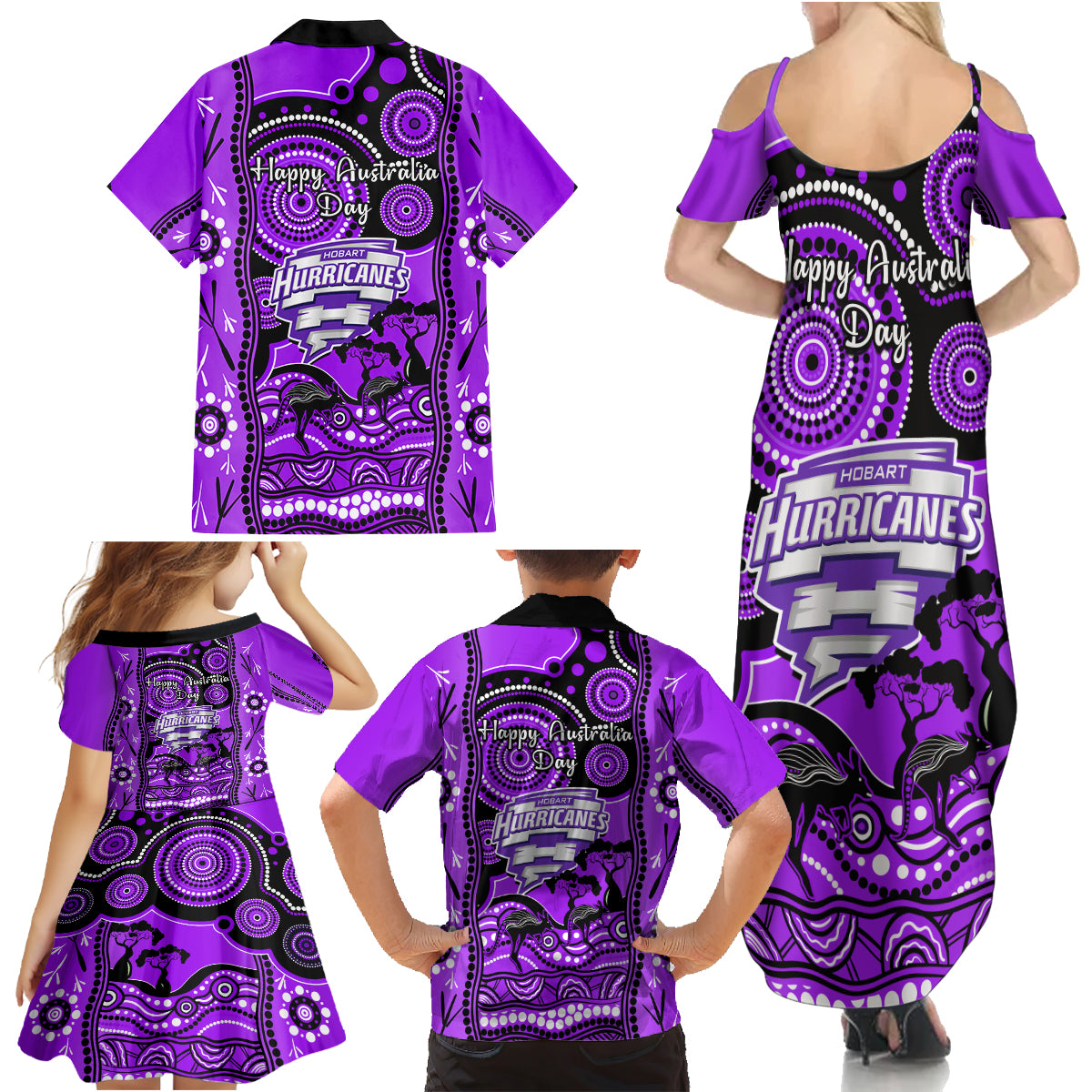 hobart-hurricanes-cricket-family-matching-summer-maxi-dress-and-hawaiian-shirt-happy-australia-day-aboriginal-art