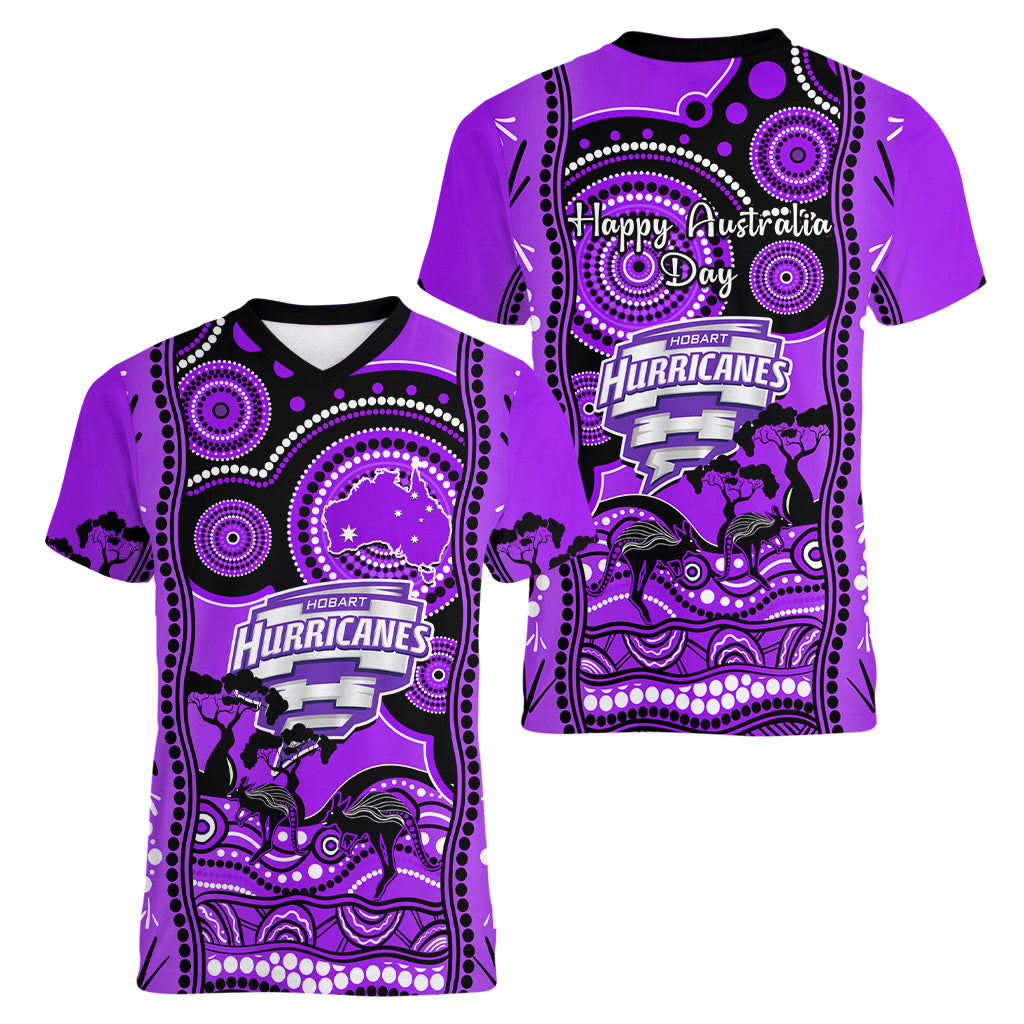 Hobart Hurricanes Cricket Women V Neck T Shirt Happy Australia Day Aboriginal Art - Vibe Hoodie Shop