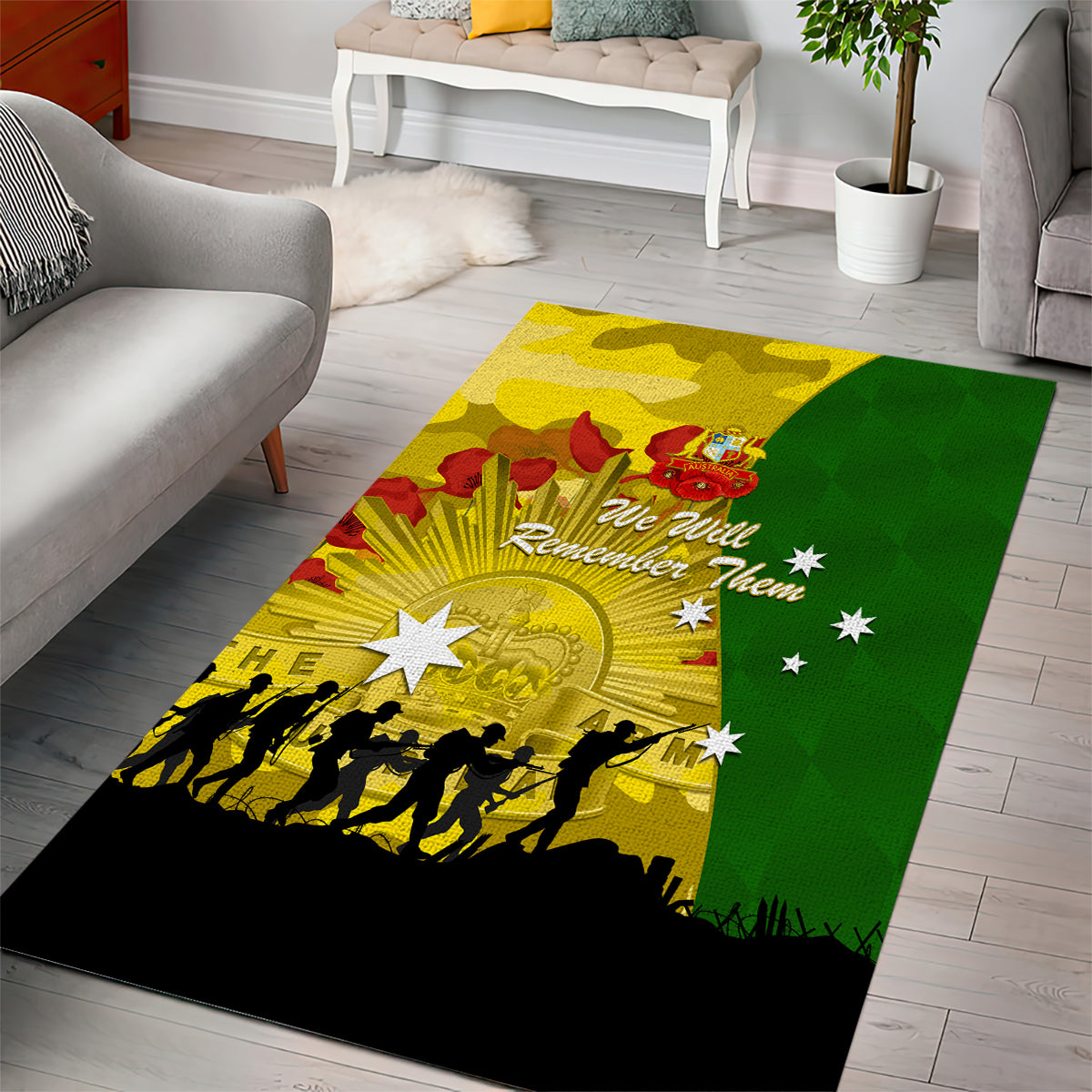 Australia Cricket ANZAC Day 2024 Area Rug Australian Army Camouflage With Poppies - Vibe Hoodie Shop