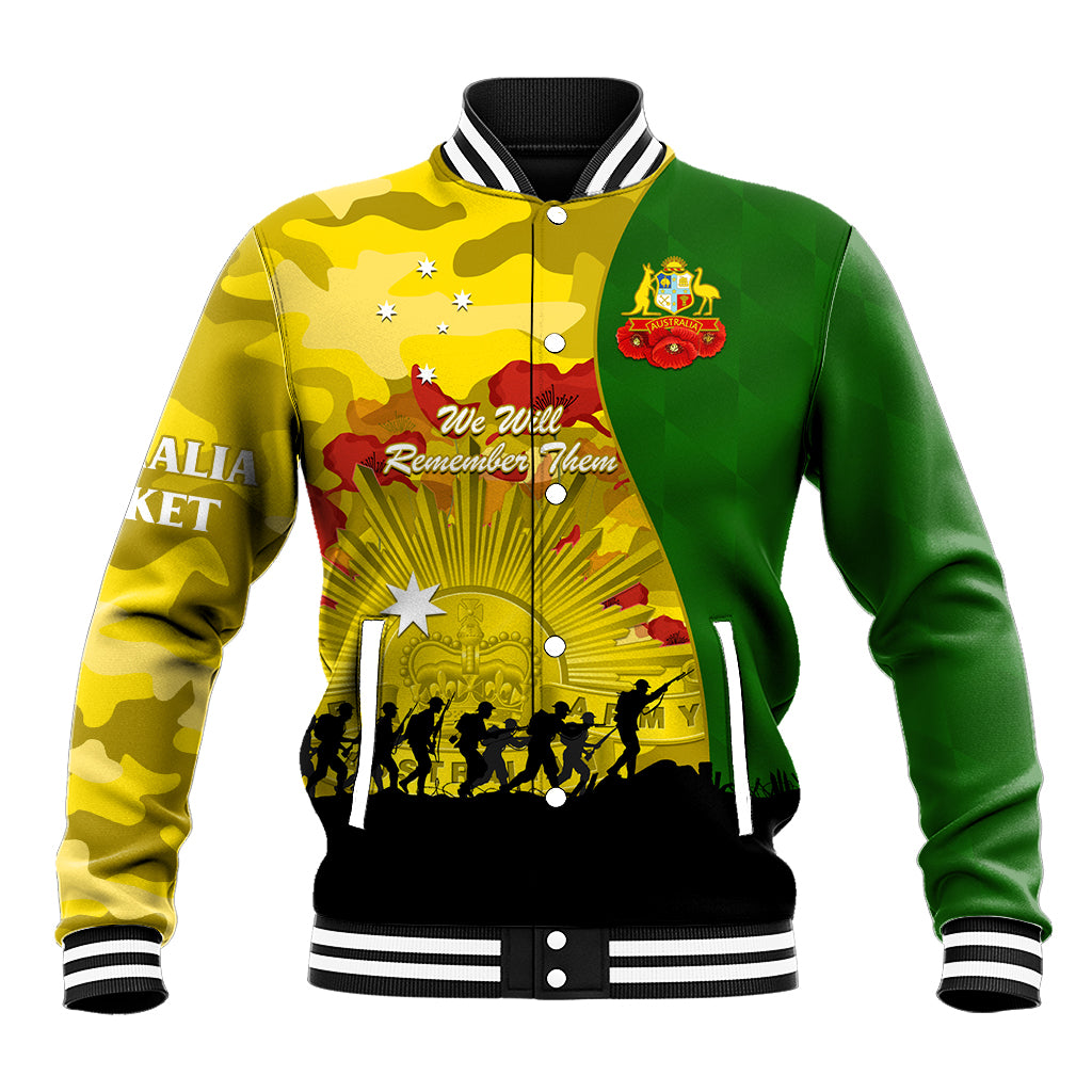 Australia Cricket ANZAC Day 2024 Baseball Jacket Australian Army Camouflage With Poppies - Vibe Hoodie Shop