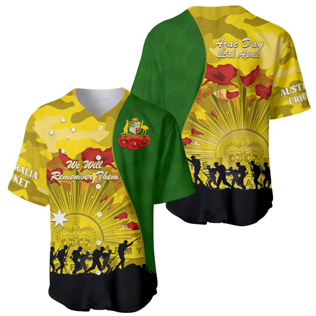 Australia Cricket ANZAC Day 2024 Baseball Jersey Australian Army Camouflage With Poppies - Vibe Hoodie Shop