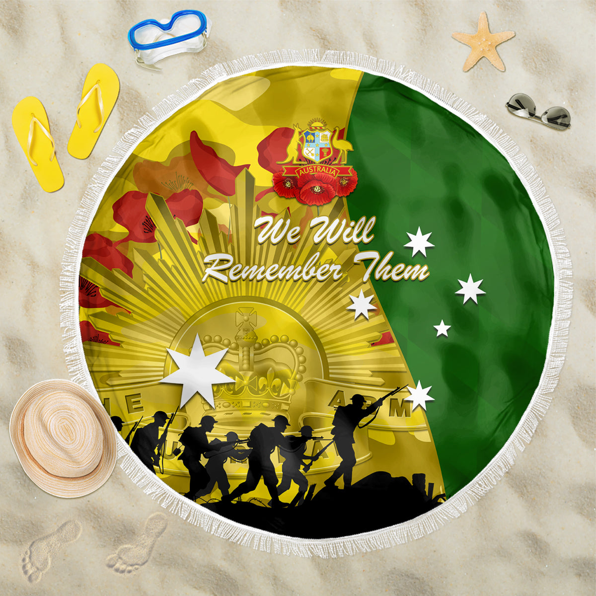 Australia Cricket ANZAC Day 2024 Beach Blanket Australian Army Camouflage With Poppies