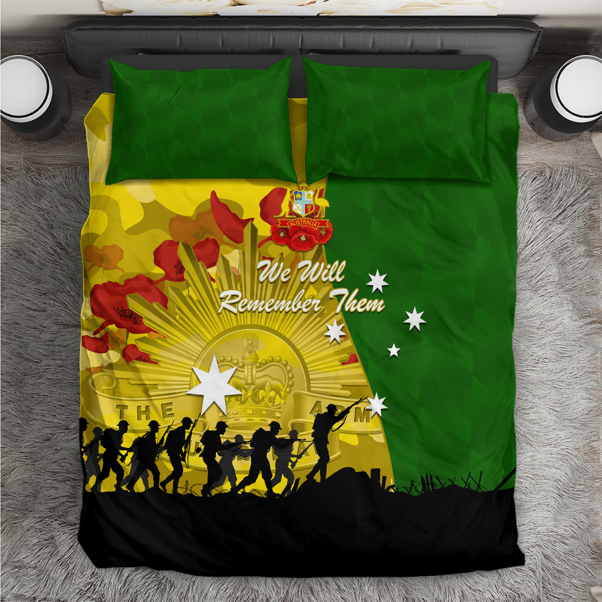Australia Cricket ANZAC Day 2024 Bedding Set Australian Army Camouflage With Poppies - Vibe Hoodie Shop
