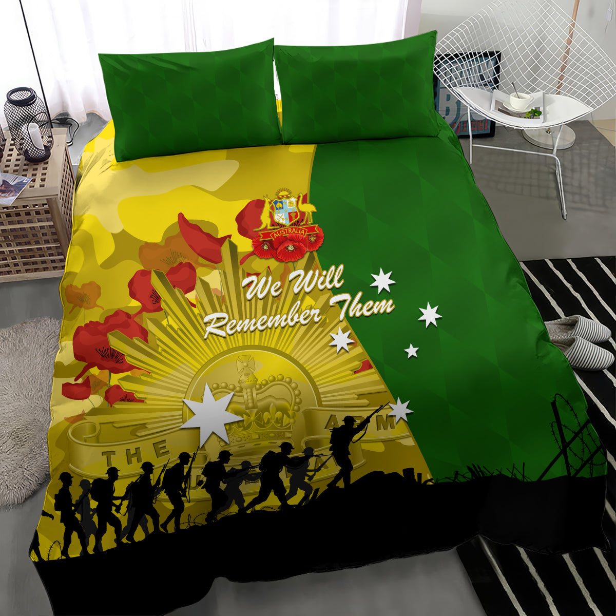 Australia Cricket ANZAC Day 2024 Bedding Set Australian Army Camouflage With Poppies - Vibe Hoodie Shop