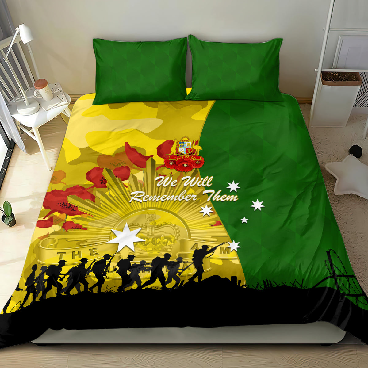 Australia Cricket ANZAC Day 2024 Bedding Set Australian Army Camouflage With Poppies - Vibe Hoodie Shop