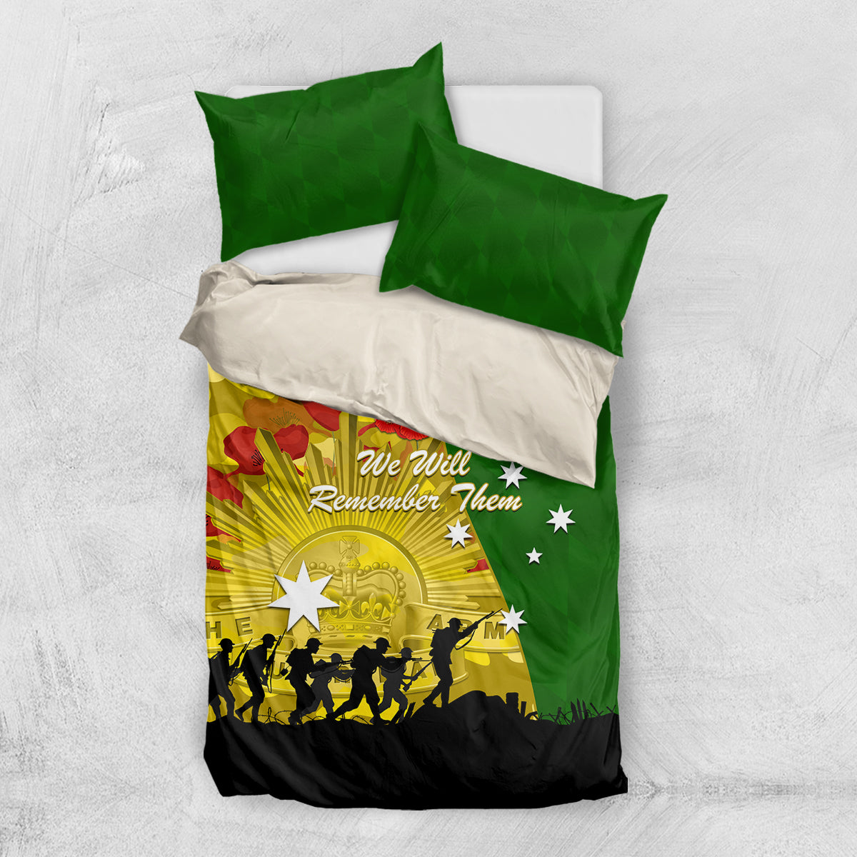 Australia Cricket ANZAC Day 2024 Bedding Set Australian Army Camouflage With Poppies - Vibe Hoodie Shop