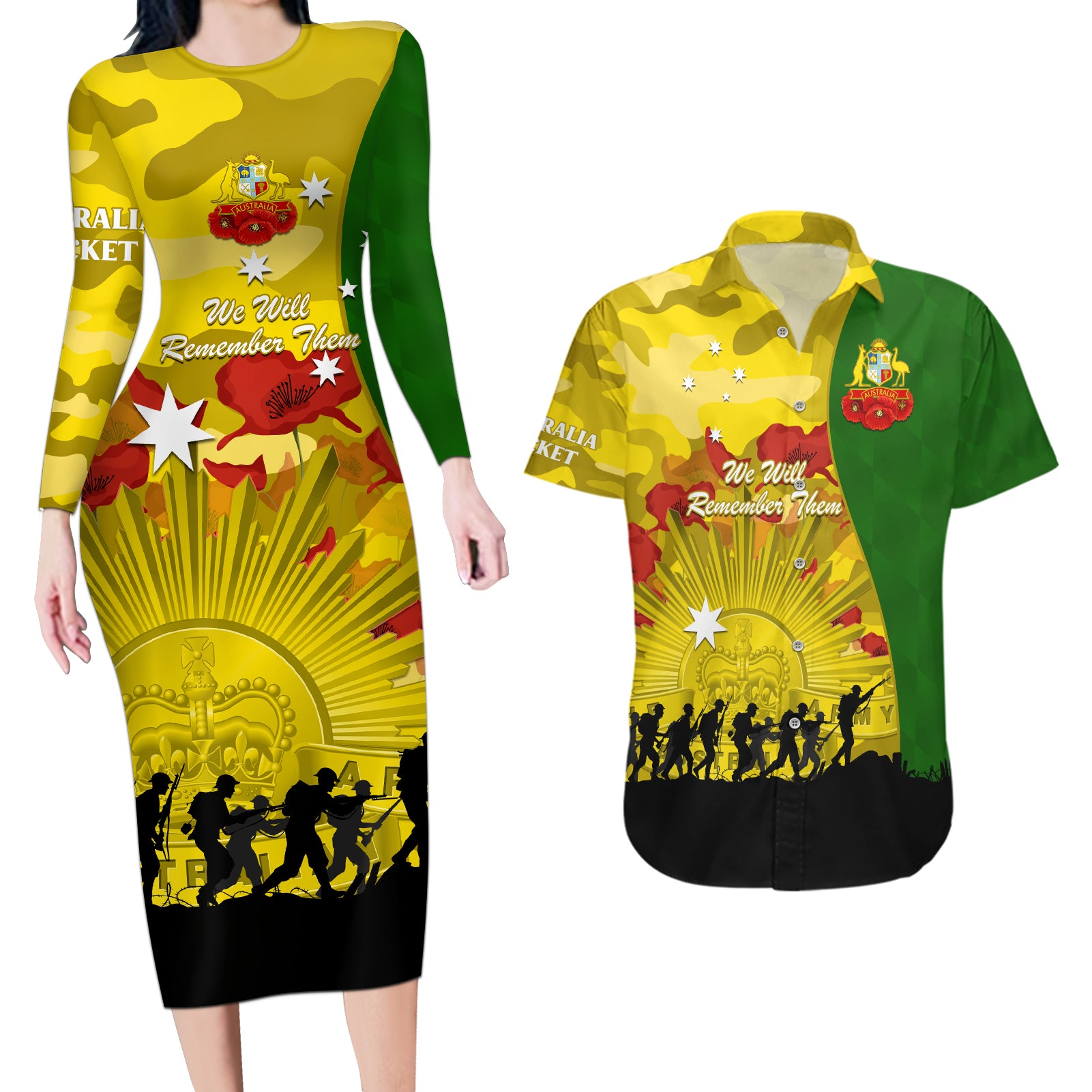 Australia Cricket ANZAC Day 2024 Couples Matching Long Sleeve Bodycon Dress and Hawaiian Shirt Australian Army Camouflage With Poppies