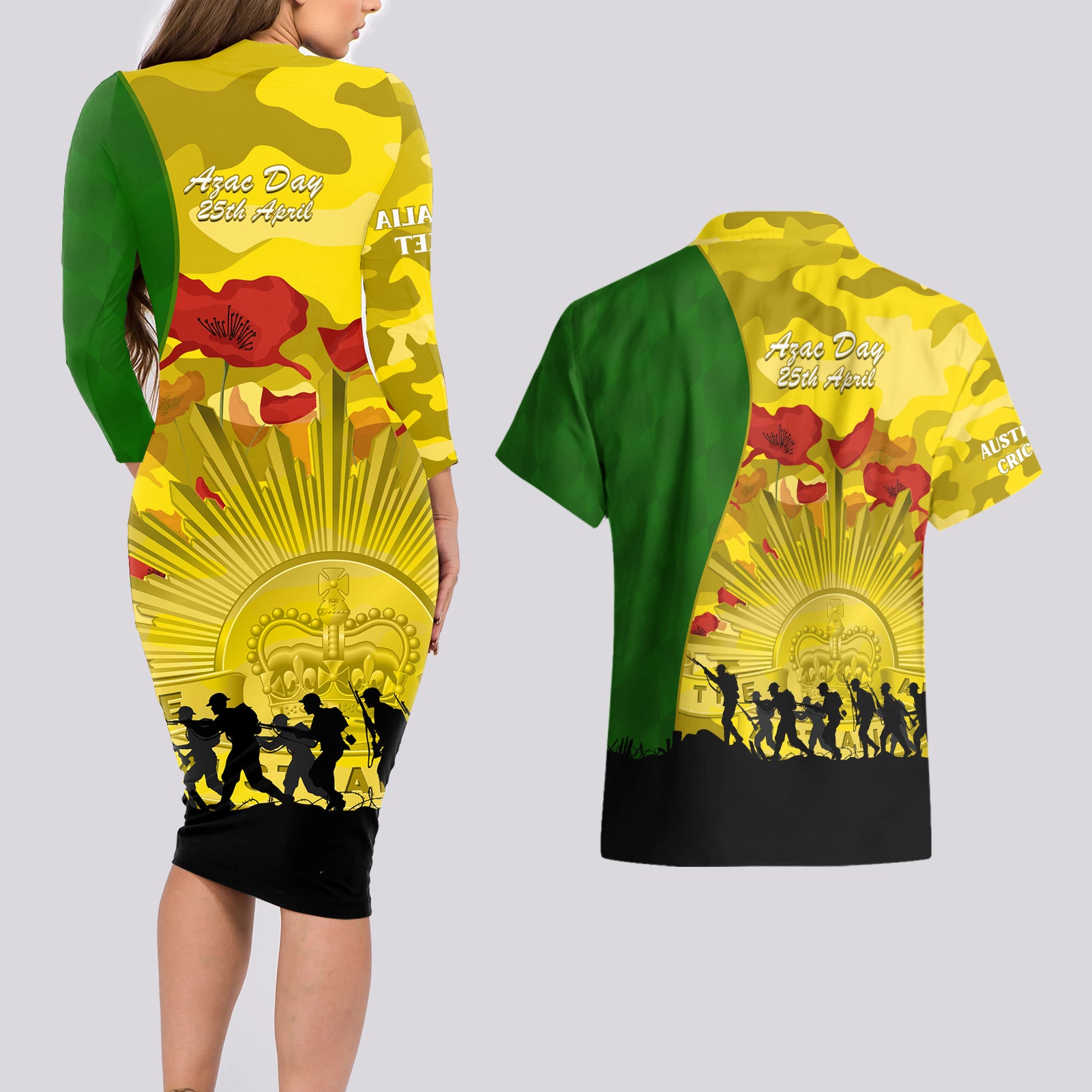 Australia Cricket ANZAC Day 2024 Couples Matching Long Sleeve Bodycon Dress and Hawaiian Shirt Australian Army Camouflage With Poppies