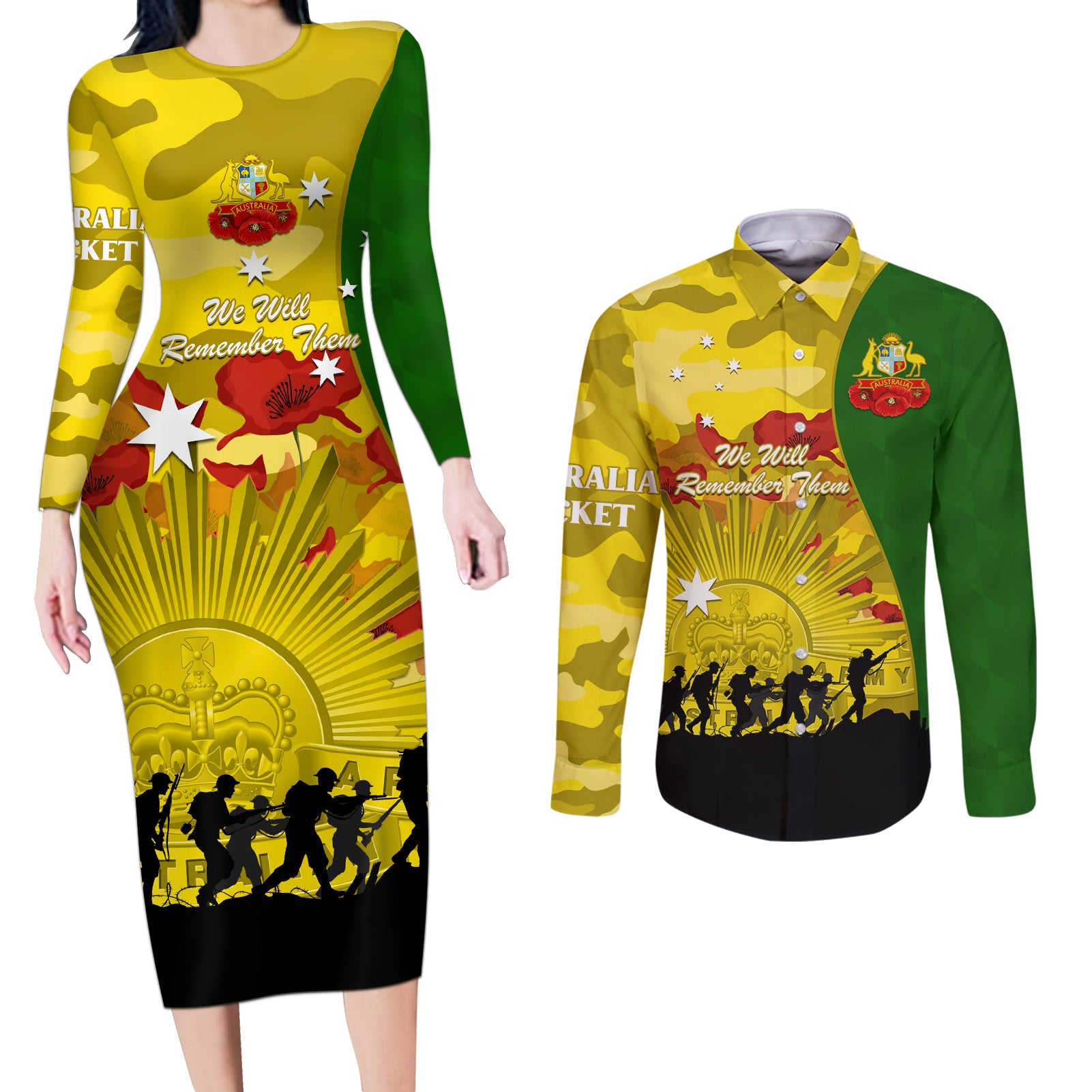 Australia Cricket ANZAC Day 2024 Couples Matching Long Sleeve Bodycon Dress and Long Sleeve Button Shirt Australian Army Camouflage With Poppies