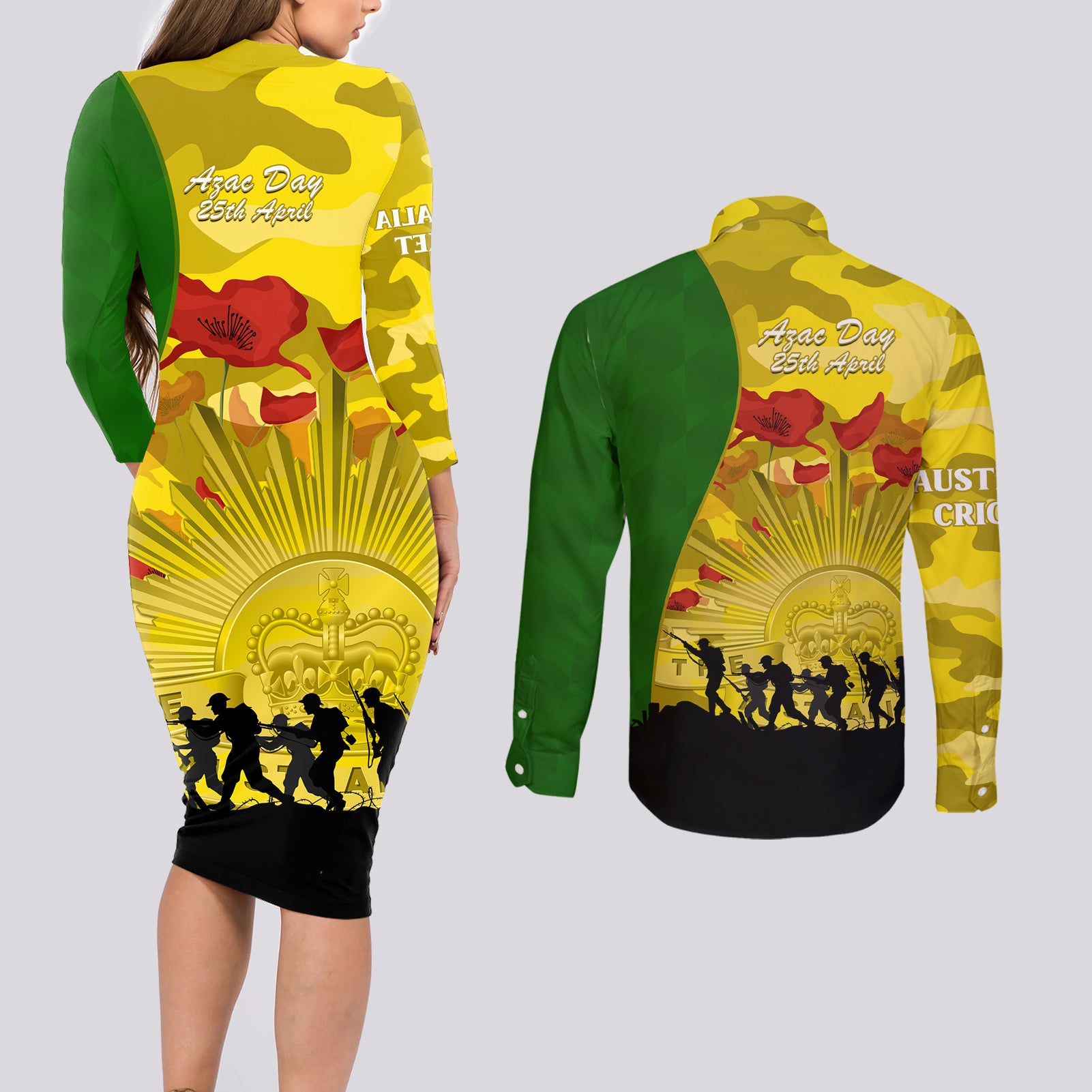 Australia Cricket ANZAC Day 2024 Couples Matching Long Sleeve Bodycon Dress and Long Sleeve Button Shirt Australian Army Camouflage With Poppies