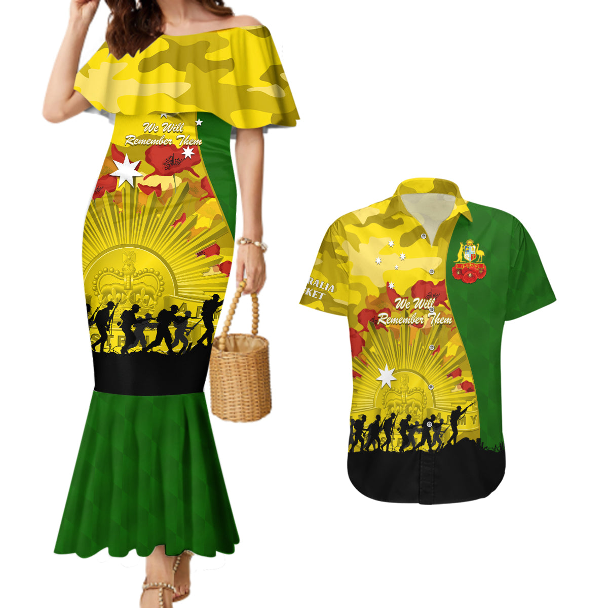 Australia Cricket ANZAC Day 2024 Couples Matching Mermaid Dress and Hawaiian Shirt Australian Army Camouflage With Poppies
