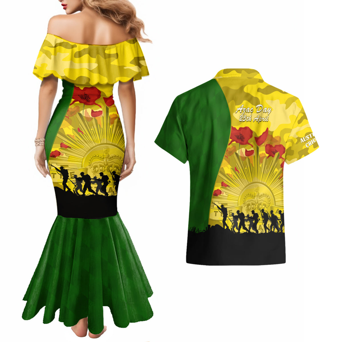 Australia Cricket ANZAC Day 2024 Couples Matching Mermaid Dress and Hawaiian Shirt Australian Army Camouflage With Poppies