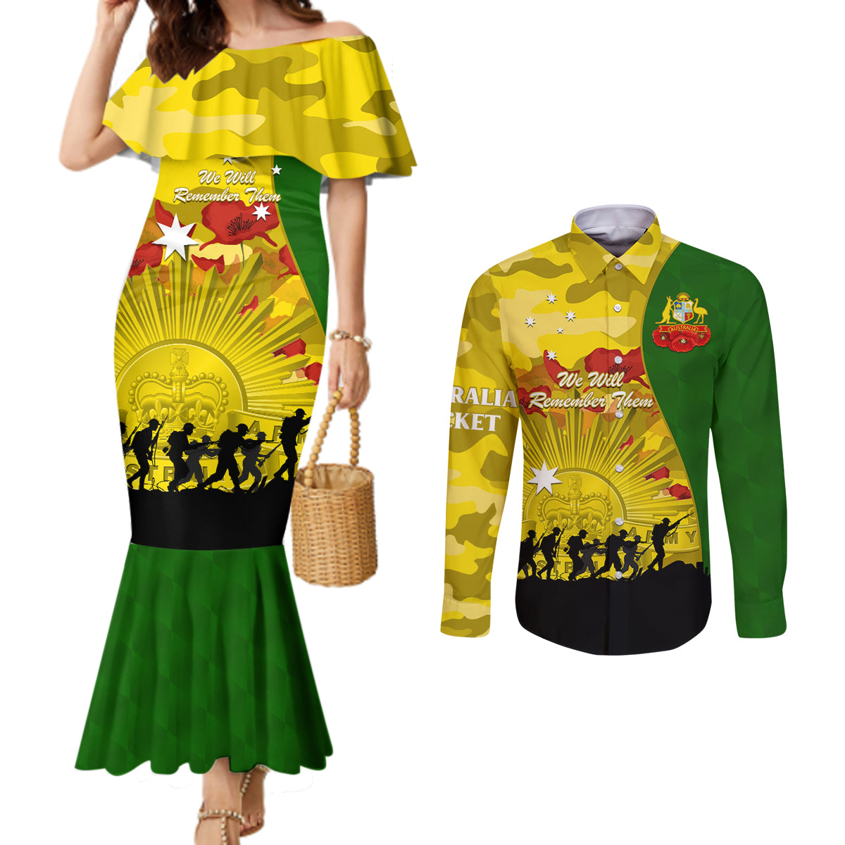 Australia Cricket ANZAC Day 2024 Couples Matching Mermaid Dress and Long Sleeve Button Shirt Australian Army Camouflage With Poppies