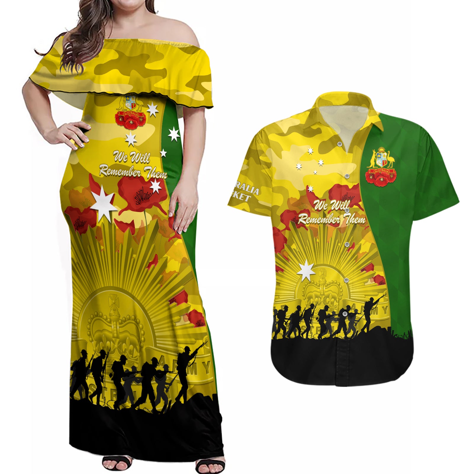 Australia Cricket ANZAC Day 2024 Couples Matching Off Shoulder Maxi Dress and Hawaiian Shirt Australian Army Camouflage With Poppies