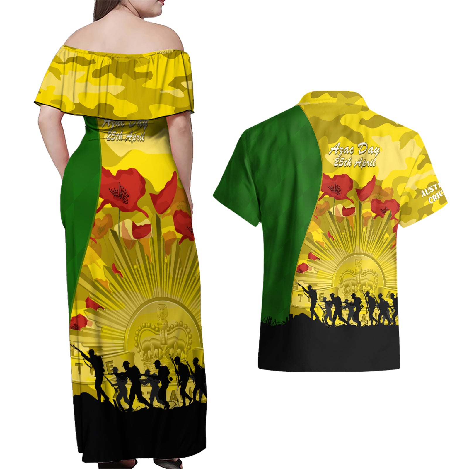 Australia Cricket ANZAC Day 2024 Couples Matching Off Shoulder Maxi Dress and Hawaiian Shirt Australian Army Camouflage With Poppies