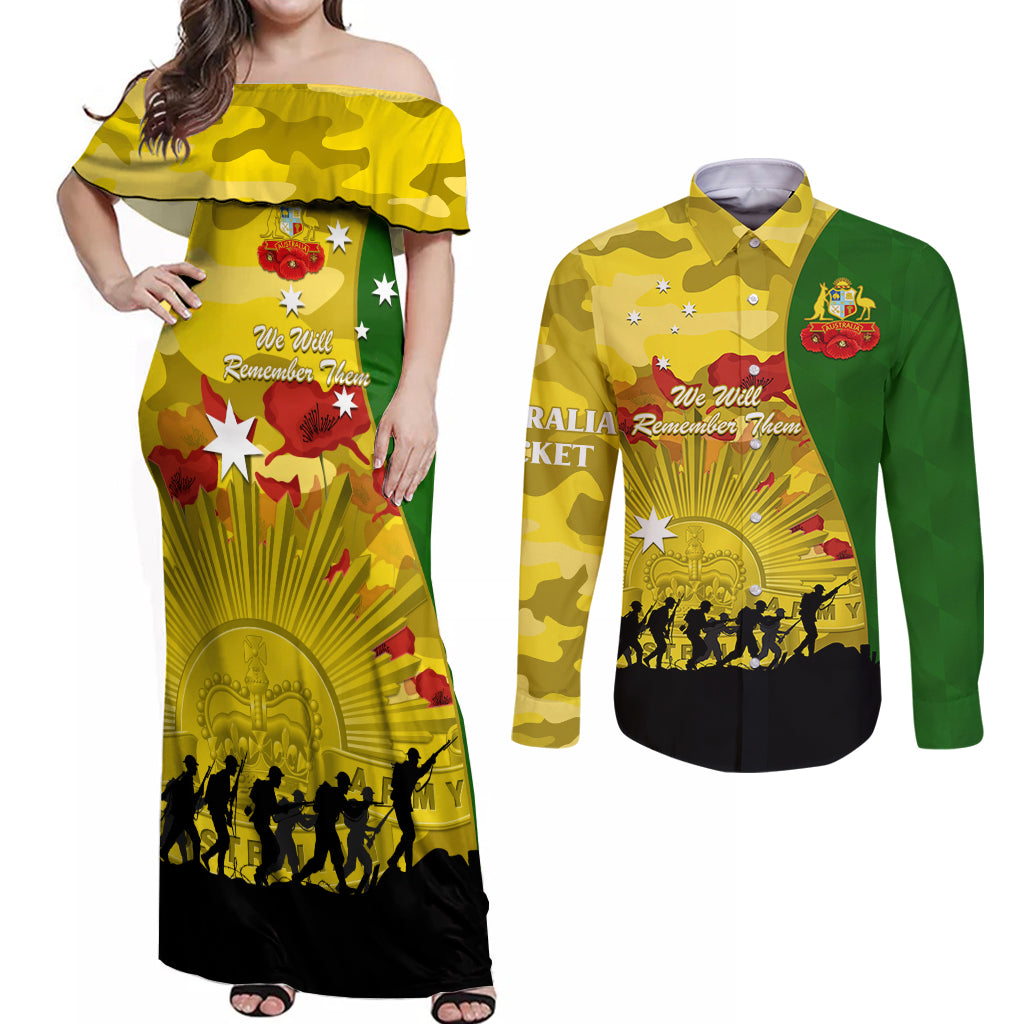 Australia Cricket ANZAC Day 2024 Couples Matching Off Shoulder Maxi Dress and Long Sleeve Button Shirt Australian Army Camouflage With Poppies