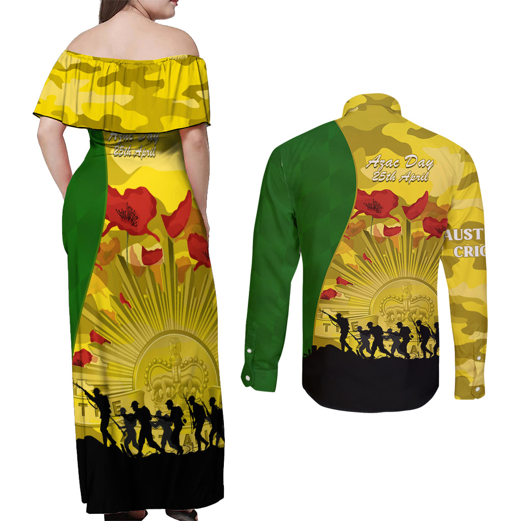 Australia Cricket ANZAC Day 2024 Couples Matching Off Shoulder Maxi Dress and Long Sleeve Button Shirt Australian Army Camouflage With Poppies