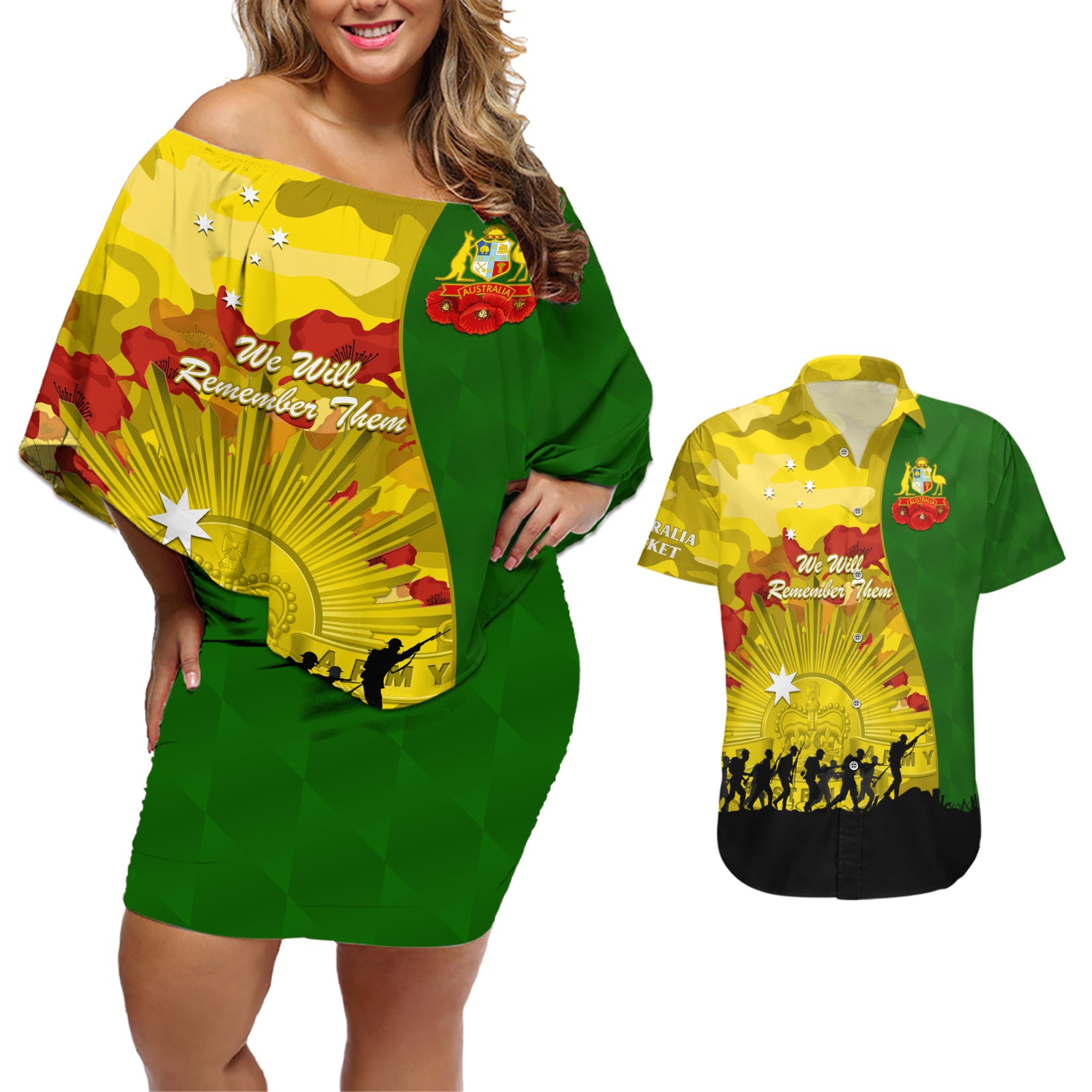 Australia Cricket ANZAC Day 2024 Couples Matching Off Shoulder Short Dress and Hawaiian Shirt Australian Army Camouflage With Poppies
