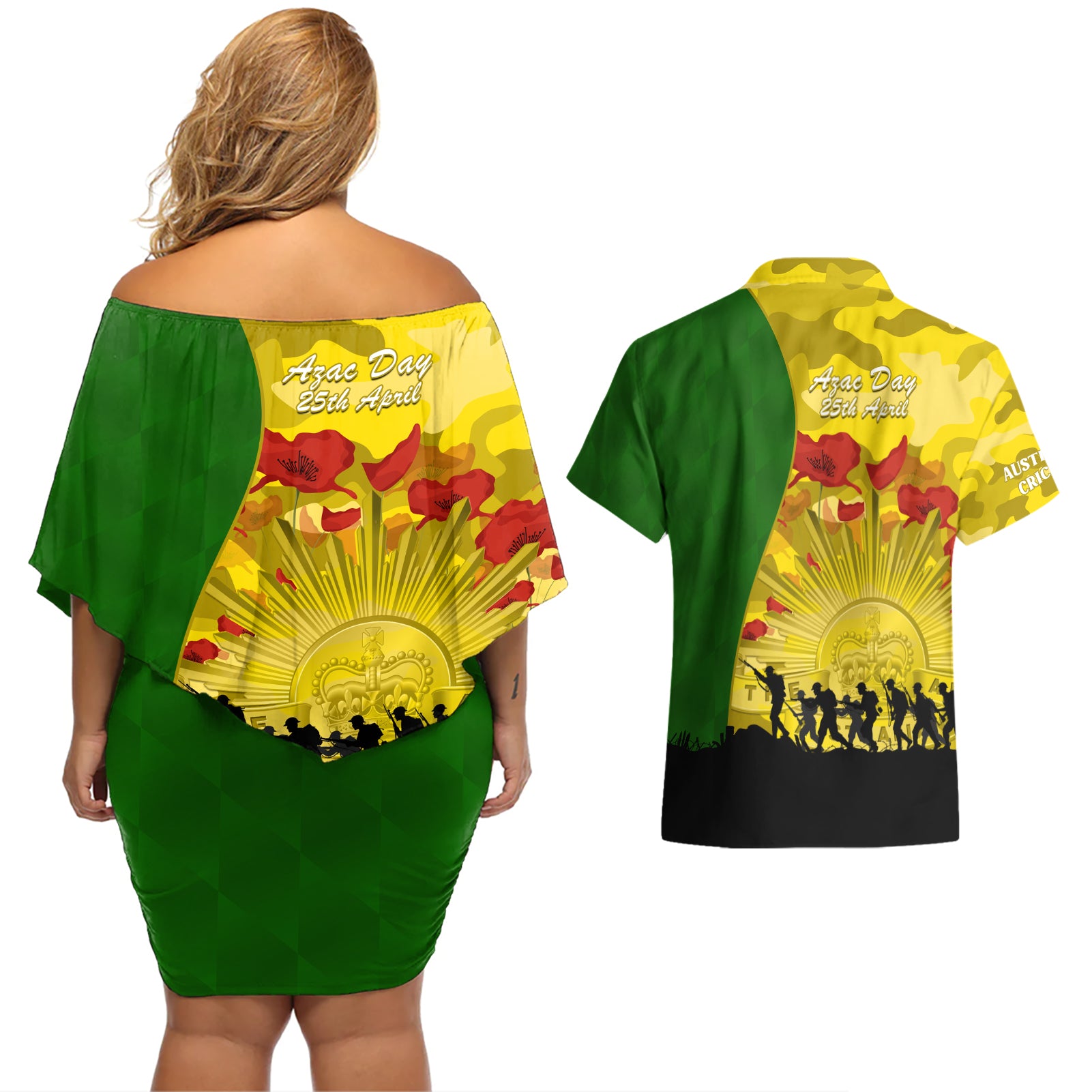 Australia Cricket ANZAC Day 2024 Couples Matching Off Shoulder Short Dress and Hawaiian Shirt Australian Army Camouflage With Poppies