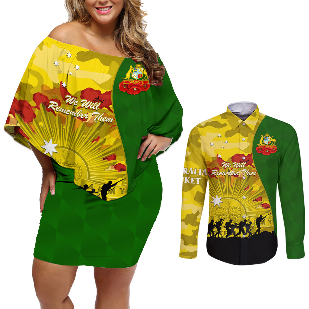 Australia Cricket ANZAC Day 2024 Couples Matching Off Shoulder Short Dress and Long Sleeve Button Shirt Australian Army Camouflage With Poppies