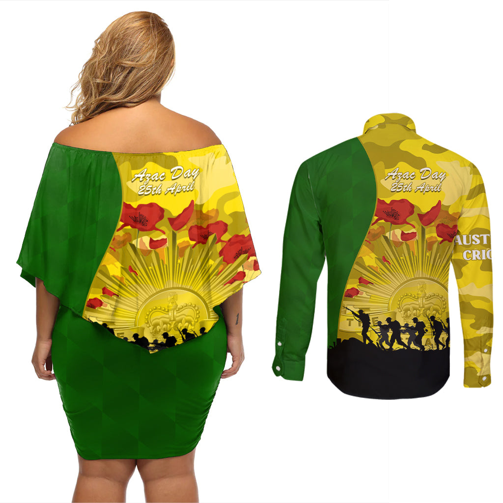 Australia Cricket ANZAC Day 2024 Couples Matching Off Shoulder Short Dress and Long Sleeve Button Shirt Australian Army Camouflage With Poppies