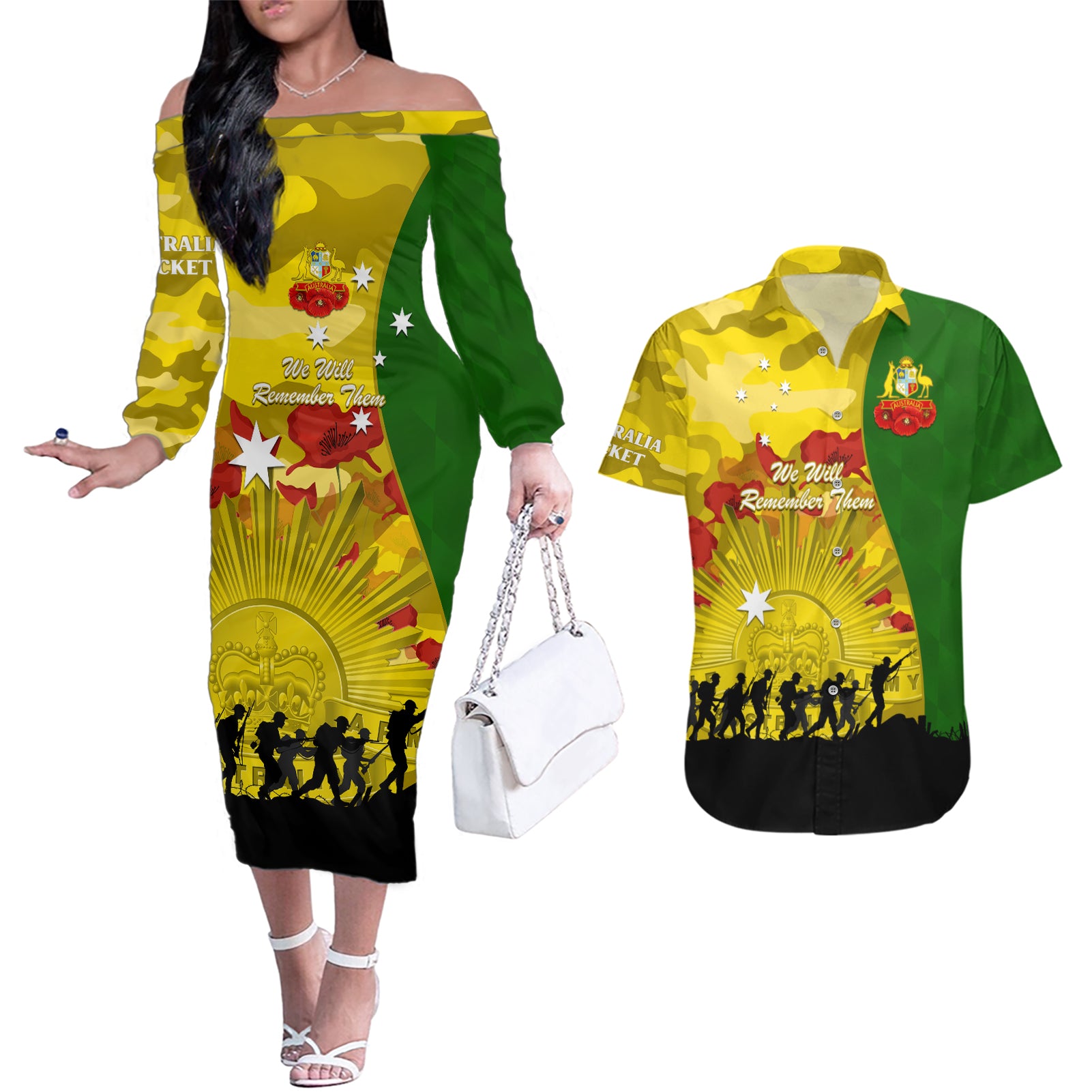 Australia Cricket ANZAC Day 2024 Couples Matching Off The Shoulder Long Sleeve Dress and Hawaiian Shirt Australian Army Camouflage With Poppies