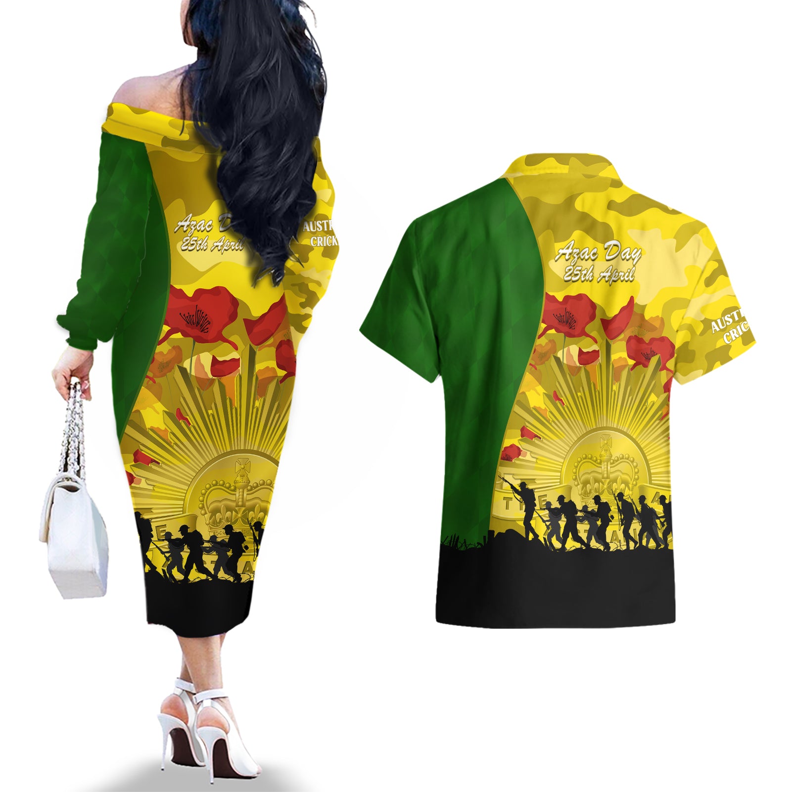 Australia Cricket ANZAC Day 2024 Couples Matching Off The Shoulder Long Sleeve Dress and Hawaiian Shirt Australian Army Camouflage With Poppies