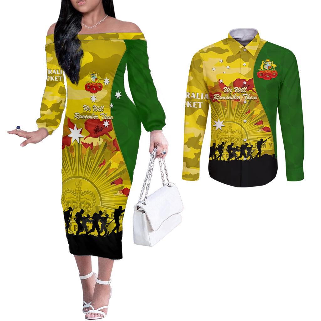 Australia Cricket ANZAC Day 2024 Couples Matching Off The Shoulder Long Sleeve Dress and Long Sleeve Button Shirt Australian Army Camouflage With Poppies