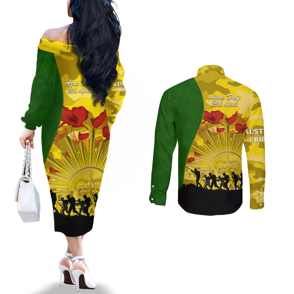 Australia Cricket ANZAC Day 2024 Couples Matching Off The Shoulder Long Sleeve Dress and Long Sleeve Button Shirt Australian Army Camouflage With Poppies