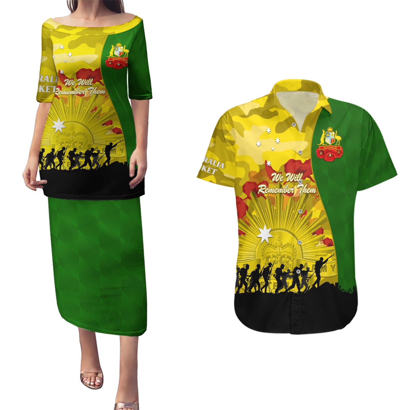 Australia Cricket ANZAC Day 2024 Couples Matching Puletasi and Hawaiian Shirt Australian Army Camouflage With Poppies