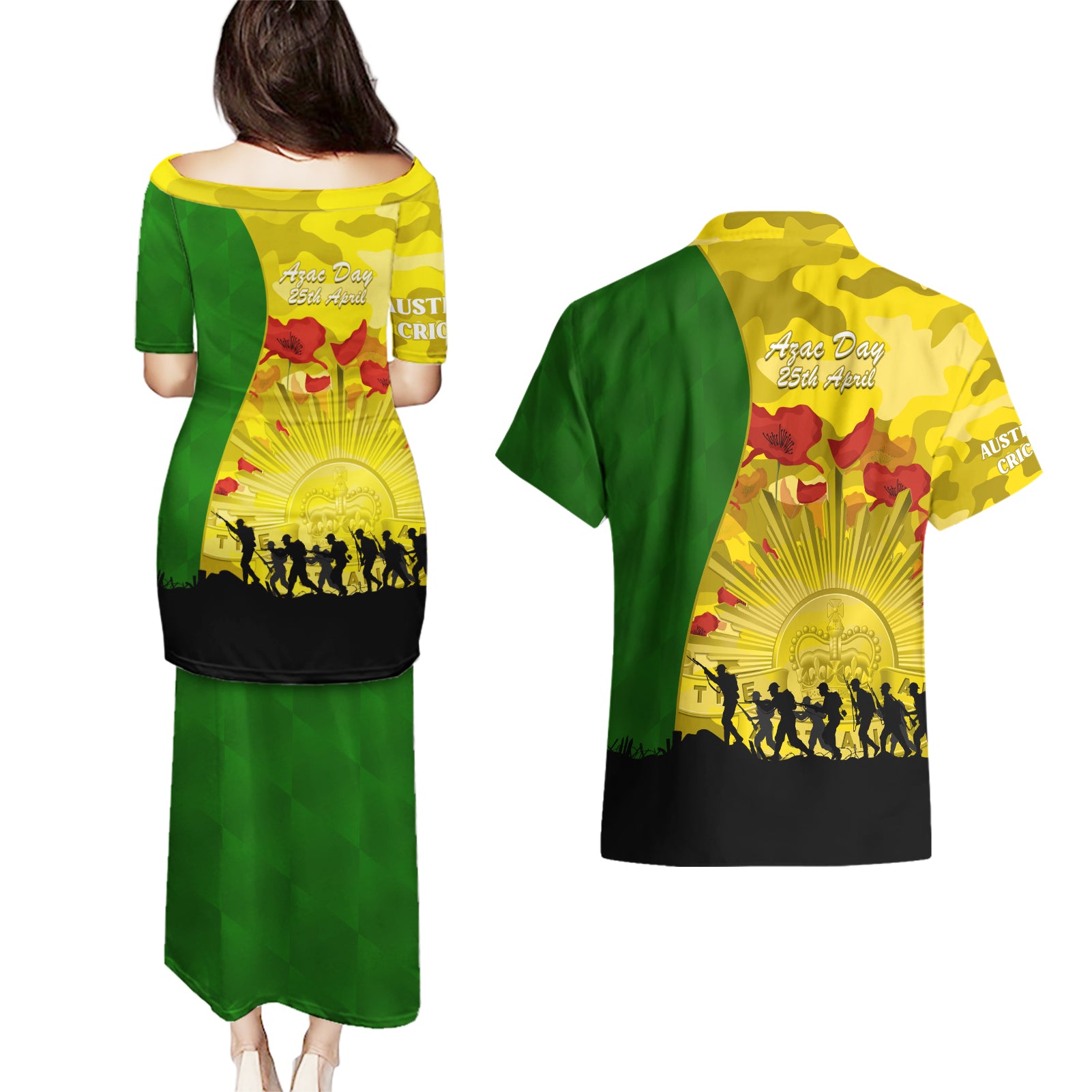 Australia Cricket ANZAC Day 2024 Couples Matching Puletasi and Hawaiian Shirt Australian Army Camouflage With Poppies
