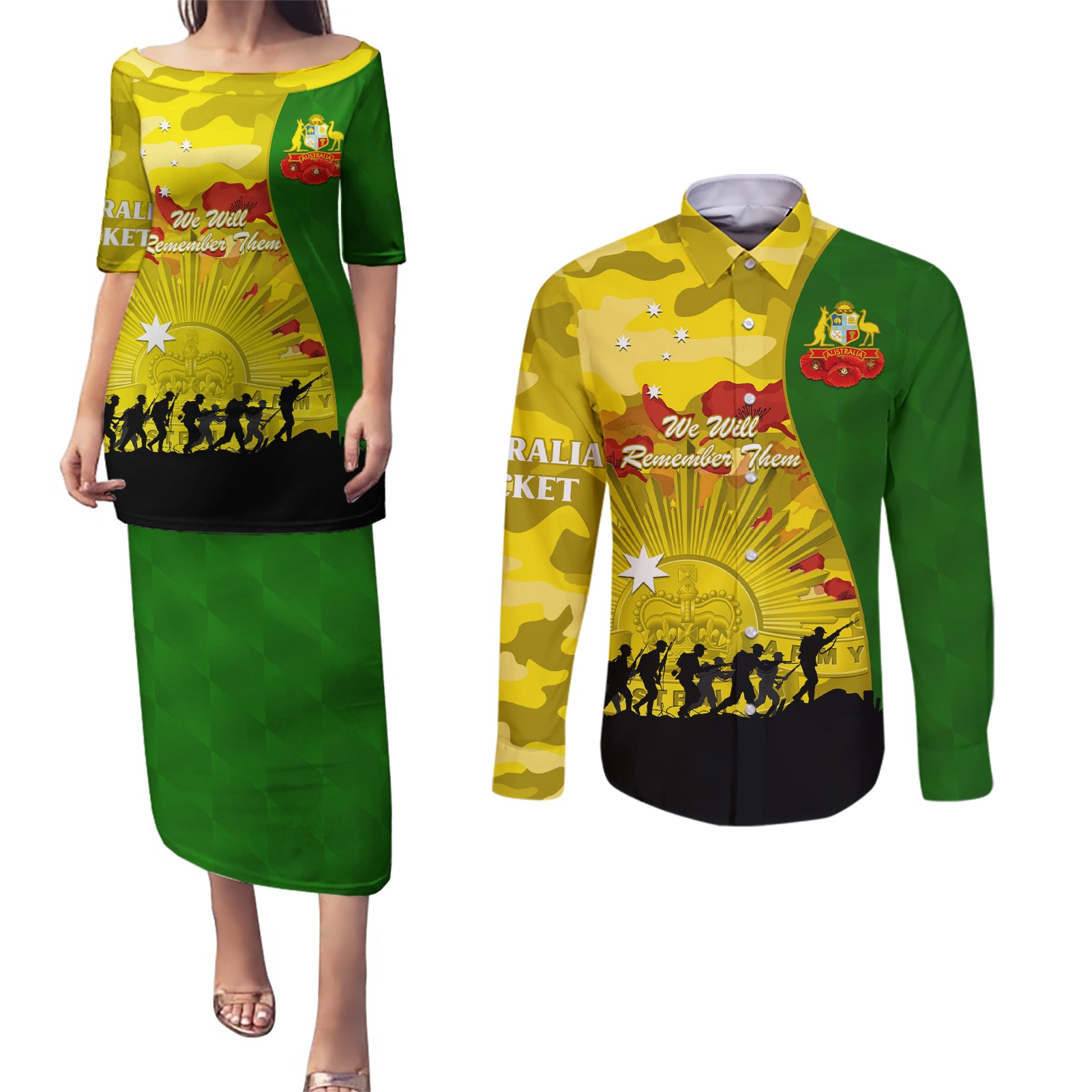 Australia Cricket ANZAC Day 2024 Couples Matching Puletasi and Long Sleeve Button Shirt Australian Army Camouflage With Poppies