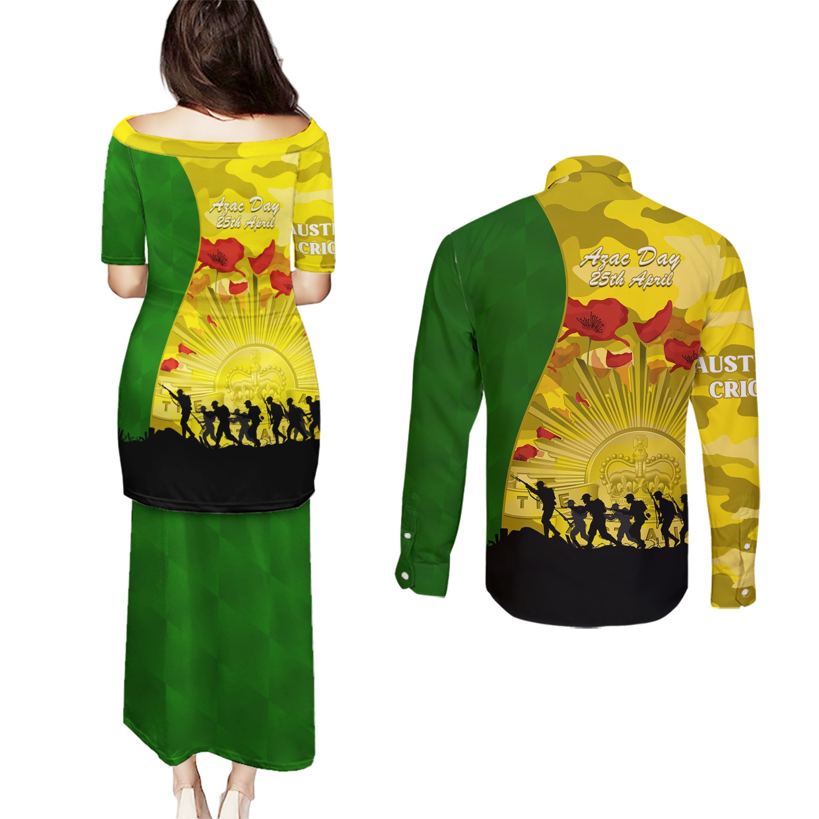 Australia Cricket ANZAC Day 2024 Couples Matching Puletasi and Long Sleeve Button Shirt Australian Army Camouflage With Poppies