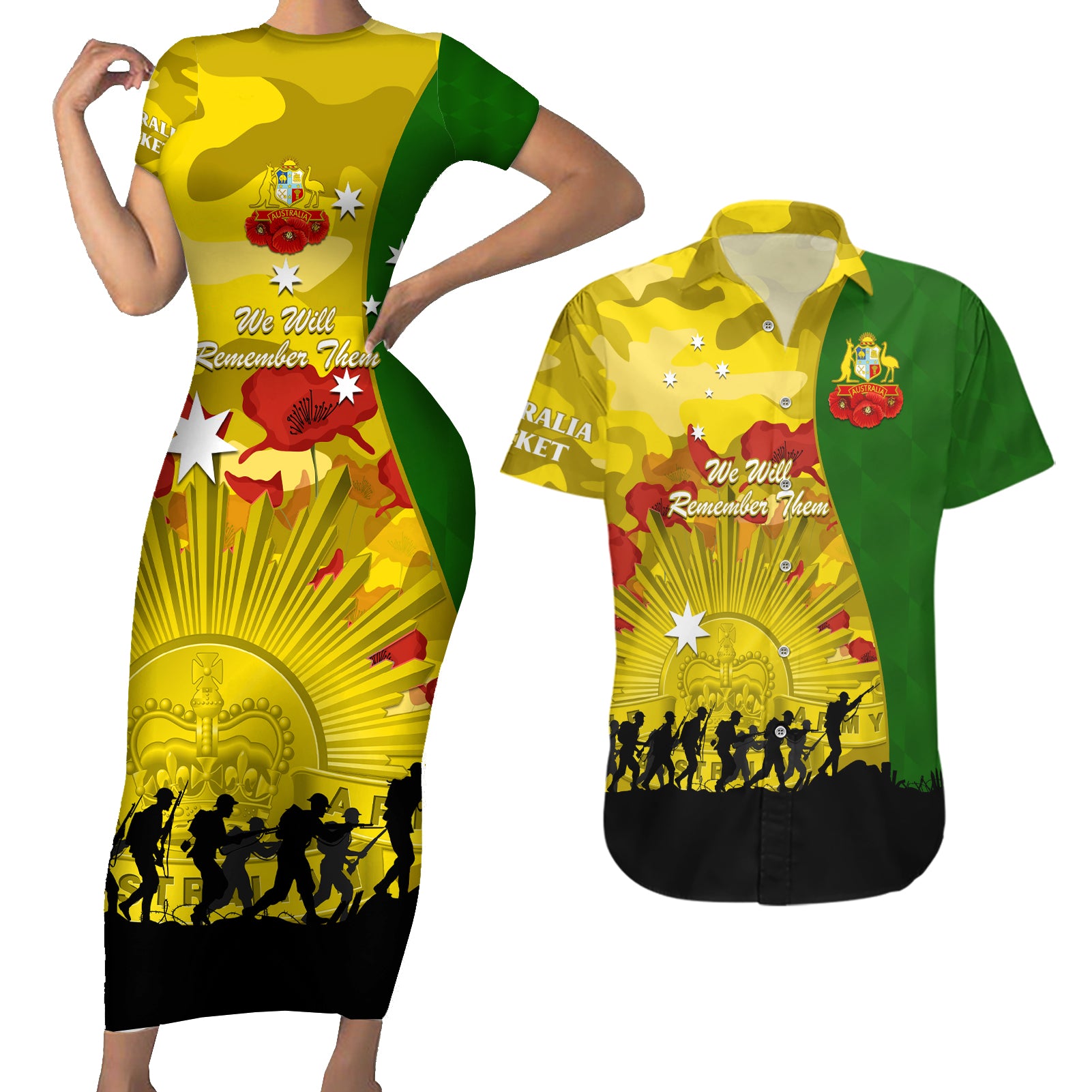 Australia Cricket ANZAC Day 2024 Couples Matching Short Sleeve Bodycon Dress and Hawaiian Shirt Australian Army Camouflage With Poppies