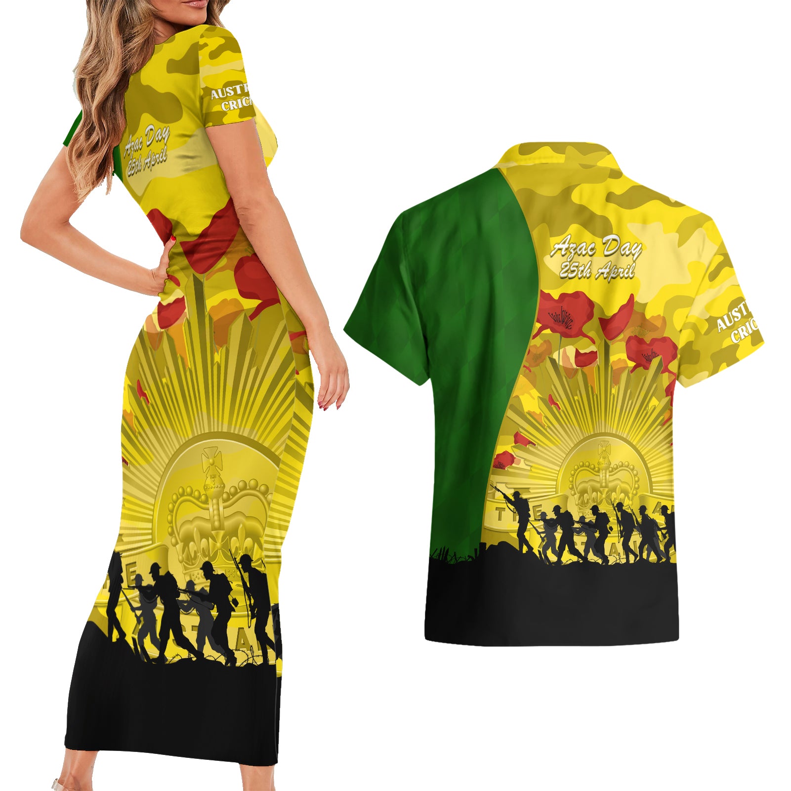 Australia Cricket ANZAC Day 2024 Couples Matching Short Sleeve Bodycon Dress and Hawaiian Shirt Australian Army Camouflage With Poppies
