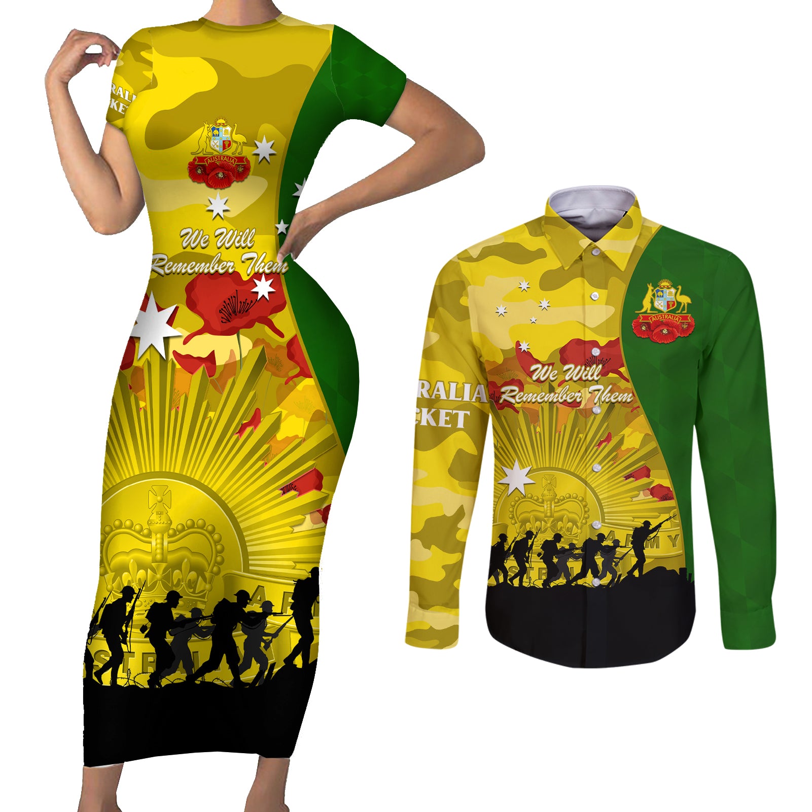 Australia Cricket ANZAC Day 2024 Couples Matching Short Sleeve Bodycon Dress and Long Sleeve Button Shirt Australian Army Camouflage With Poppies