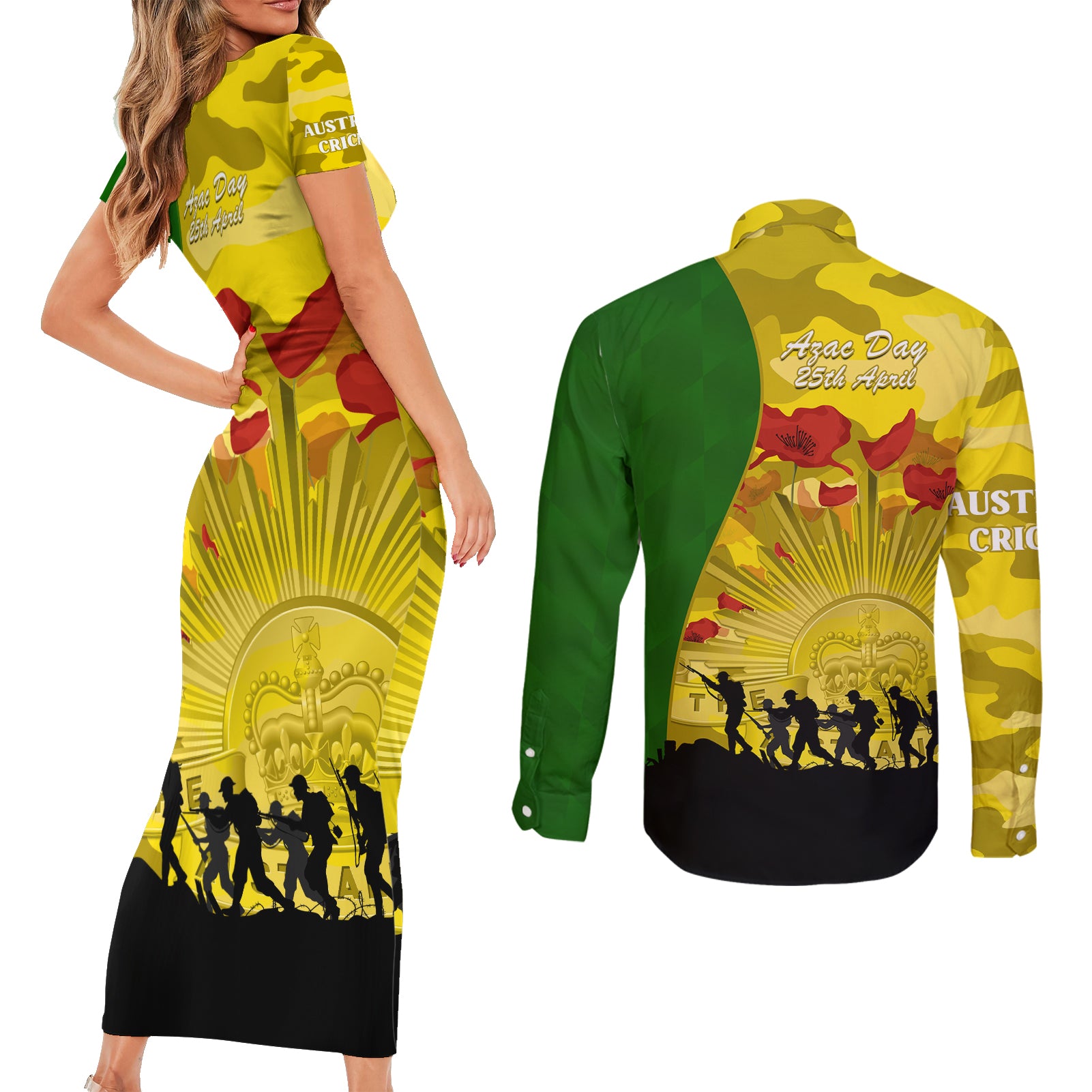 Australia Cricket ANZAC Day 2024 Couples Matching Short Sleeve Bodycon Dress and Long Sleeve Button Shirt Australian Army Camouflage With Poppies