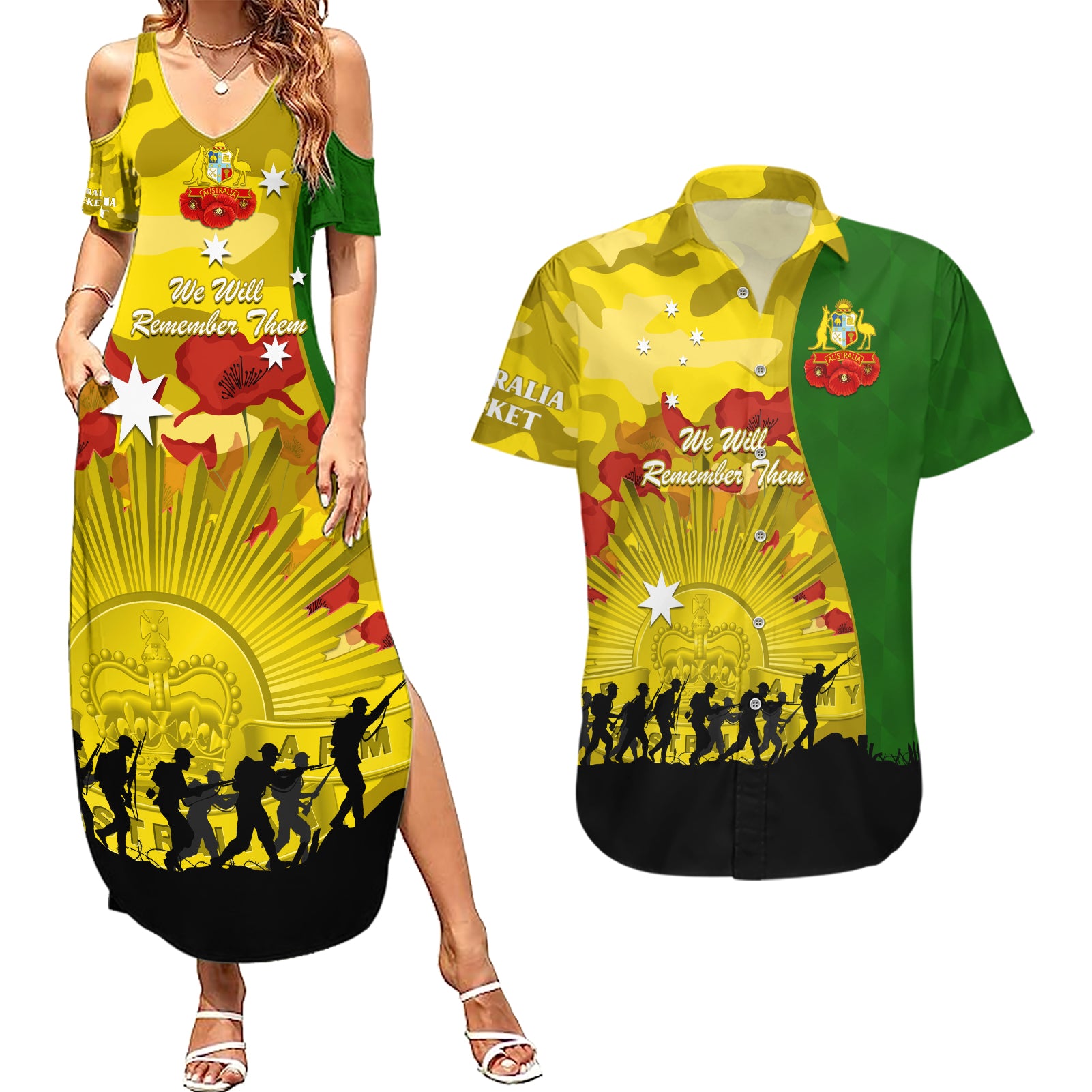 Australia Cricket ANZAC Day 2024 Couples Matching Summer Maxi Dress and Hawaiian Shirt Australian Army Camouflage With Poppies