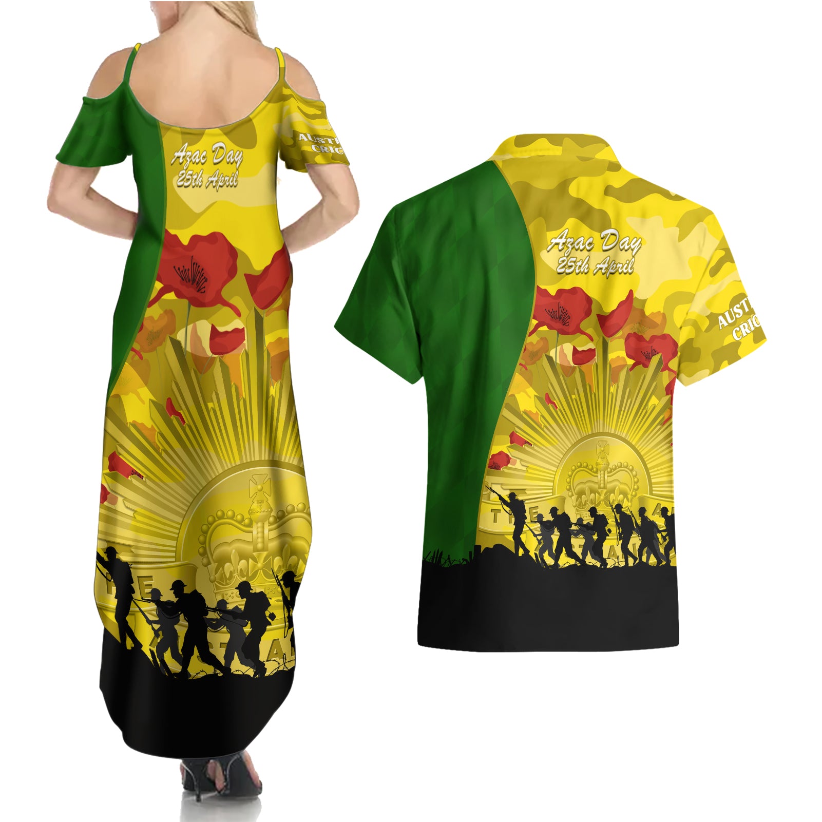 Australia Cricket ANZAC Day 2024 Couples Matching Summer Maxi Dress and Hawaiian Shirt Australian Army Camouflage With Poppies