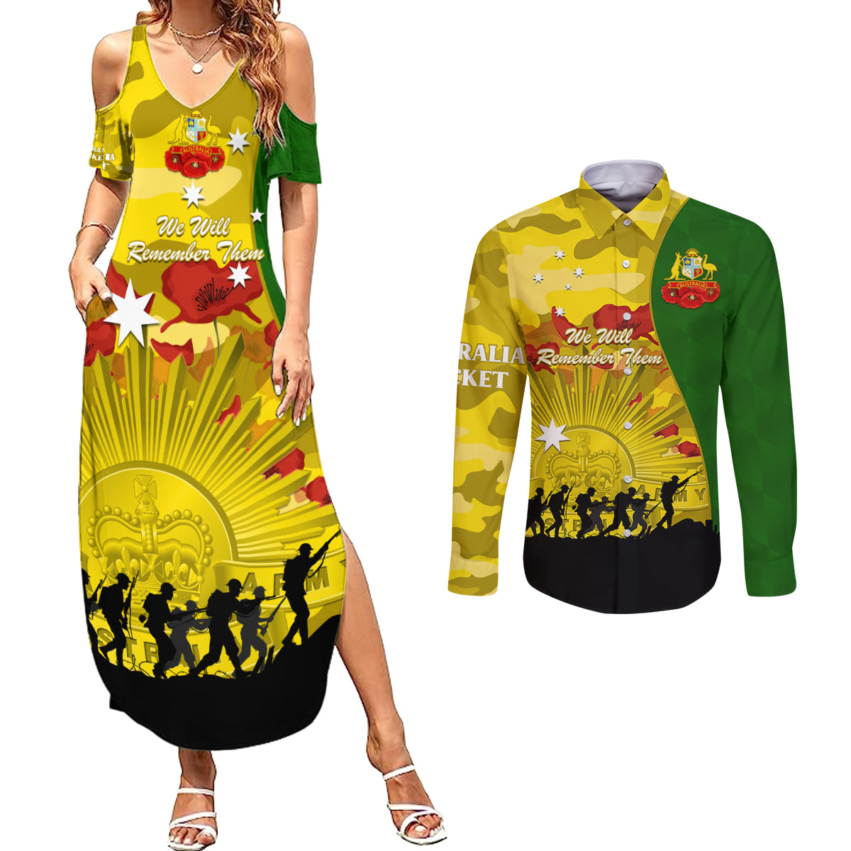 Australia Cricket ANZAC Day 2024 Couples Matching Summer Maxi Dress and Long Sleeve Button Shirt Australian Army Camouflage With Poppies