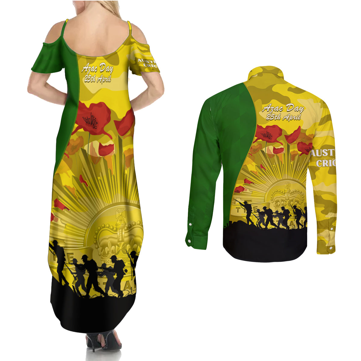 Australia Cricket ANZAC Day 2024 Couples Matching Summer Maxi Dress and Long Sleeve Button Shirt Australian Army Camouflage With Poppies